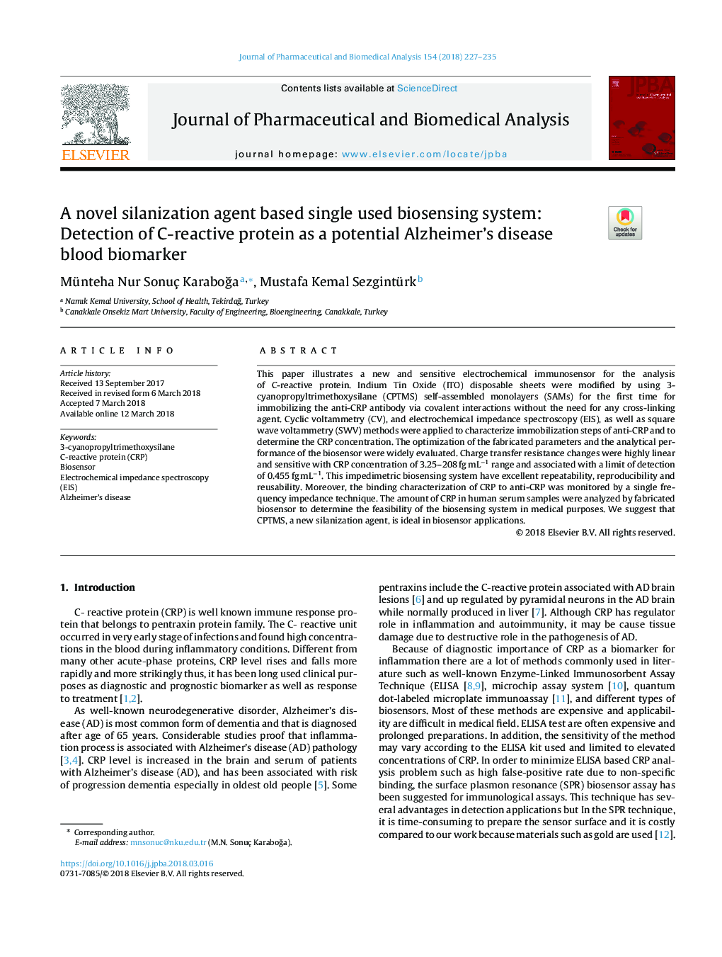 A novel silanization agent based single used biosensing system: Detection of C-reactive protein as a potential Alzheimer's disease blood biomarker