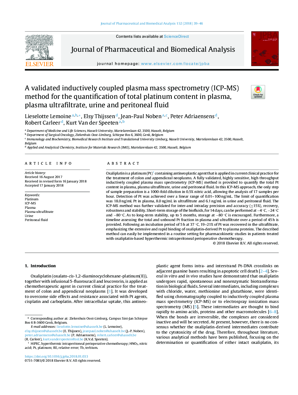 A validated inductively coupled plasma mass spectrometry (ICP-MS) method for the quantification of total platinum content in plasma, plasma ultrafiltrate, urine and peritoneal fluid