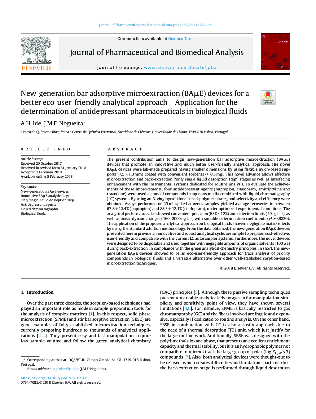 New-generation bar adsorptive microextraction (BAÎ¼E) devices for a better eco-user-friendly analytical approach-Application for the determination of antidepressant pharmaceuticals in biological fluids