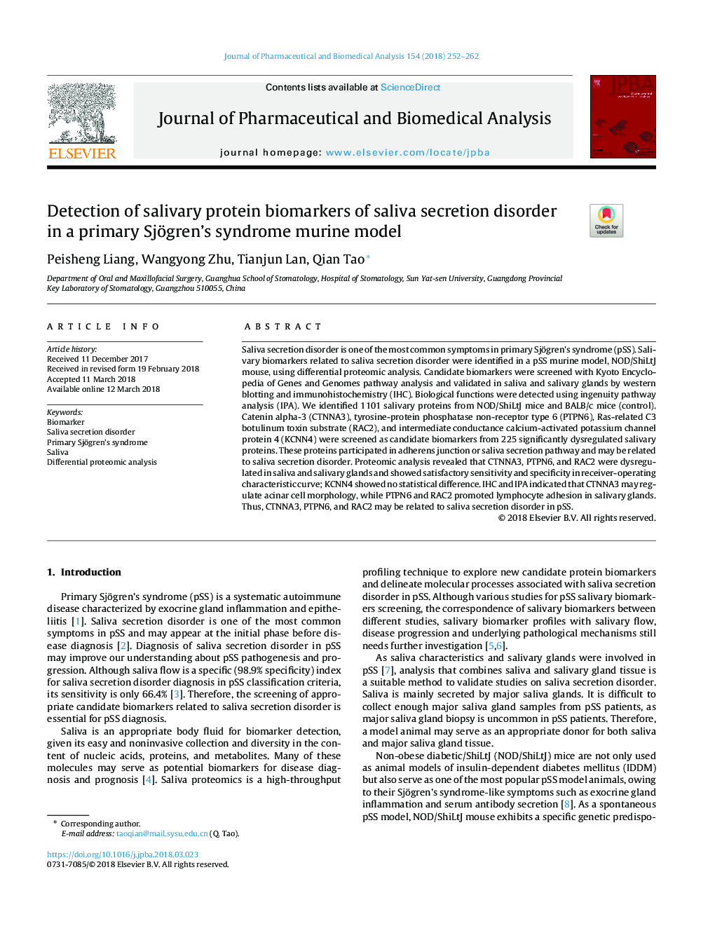 Detection of salivary protein biomarkers of saliva secretion disorder in a primary Sjögren syndrome murine model
