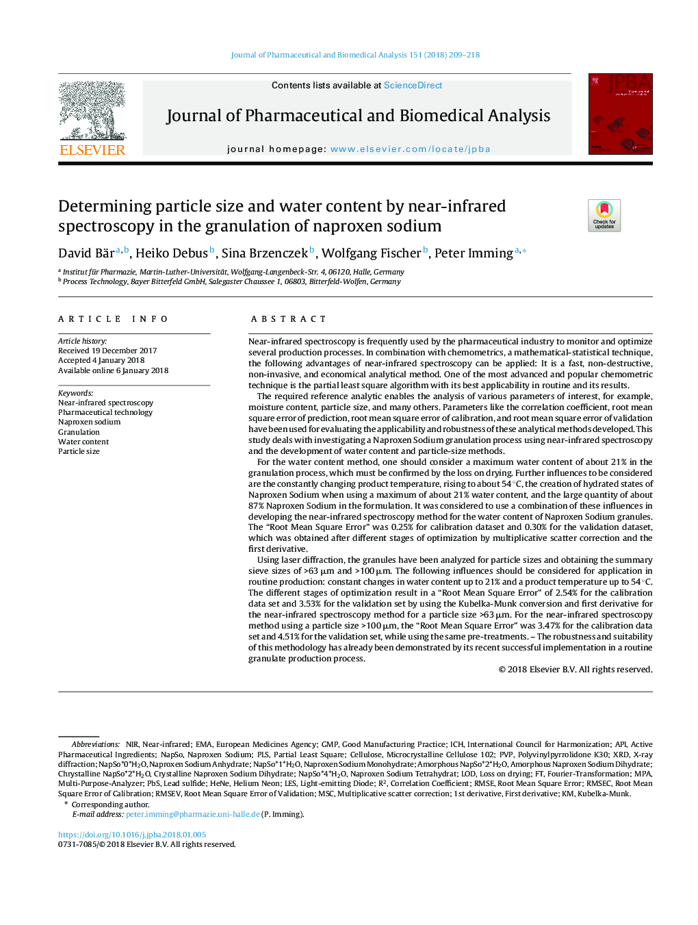 Determining particle size and water content by near-infrared spectroscopy in the granulation of naproxen sodium