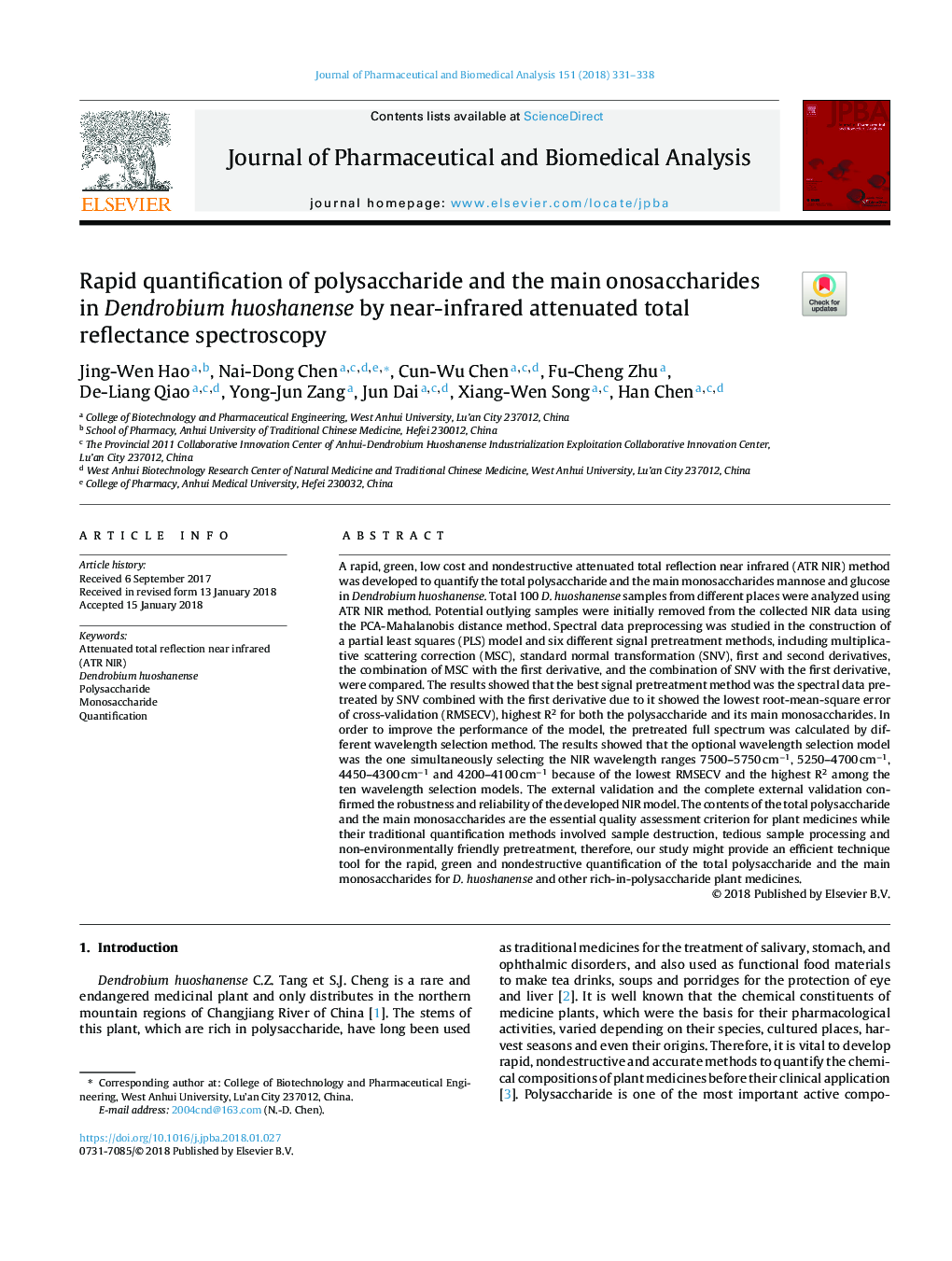 Rapid quantification of polysaccharide and the main onosaccharides in Dendrobium huoshanense by near-infrared attenuated total reflectance spectroscopy