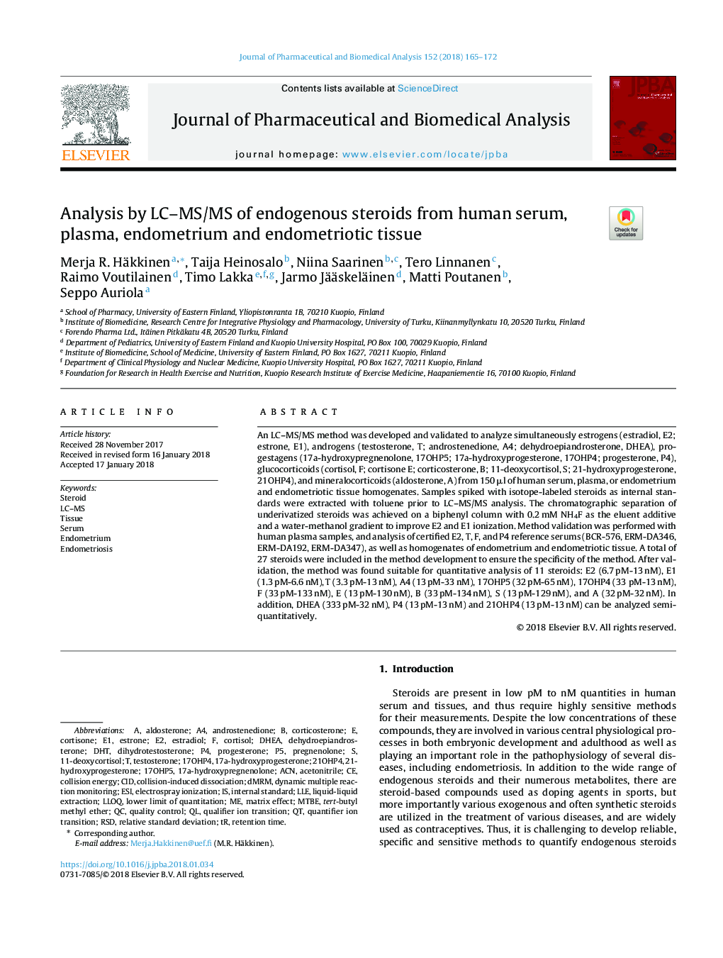 Analysis by LC-MS/MS of endogenous steroids from human serum, plasma, endometrium and endometriotic tissue