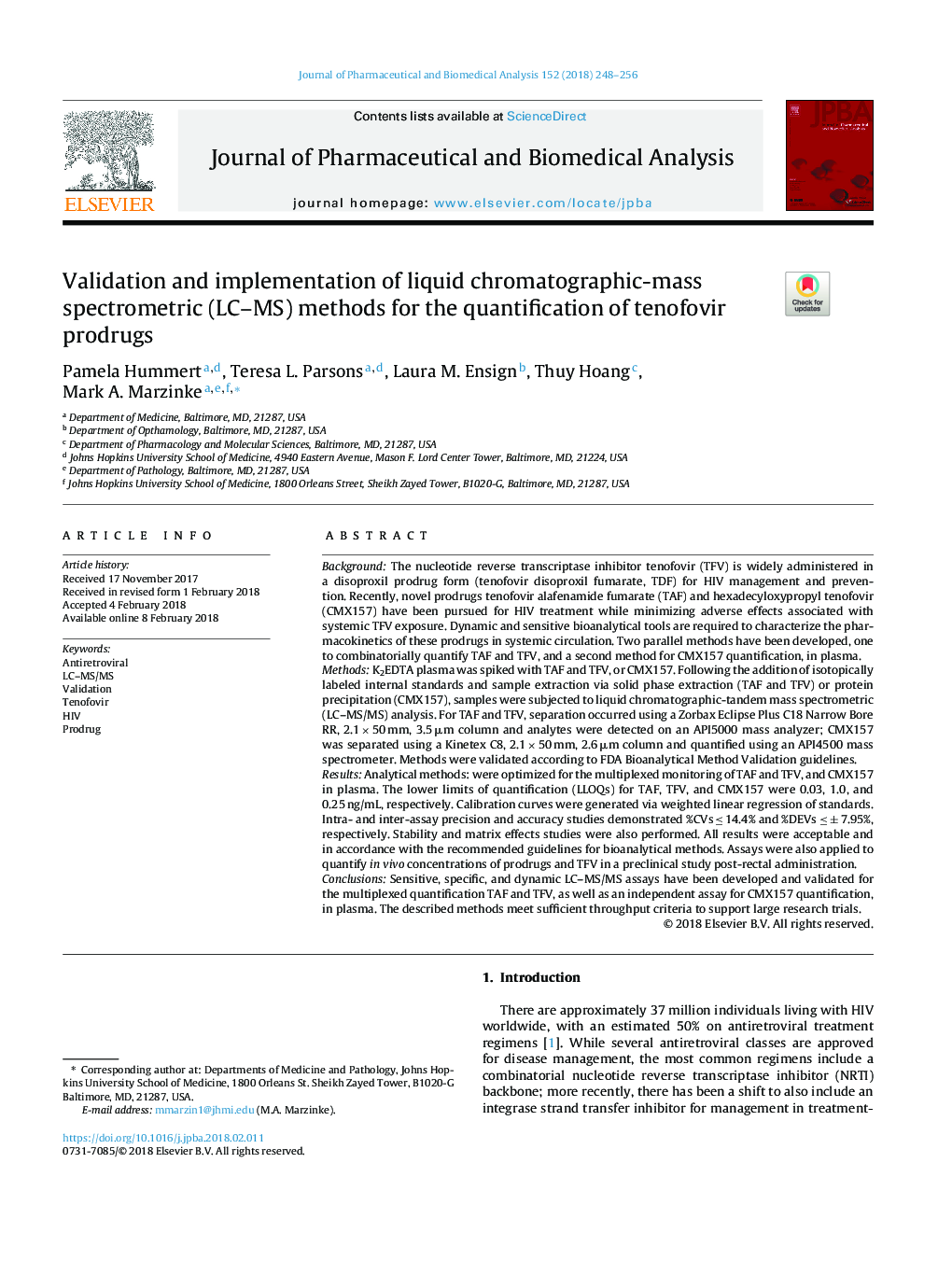 Validation and implementation of liquid chromatographic-mass spectrometric (LC-MS) methods for the quantification of tenofovir prodrugs