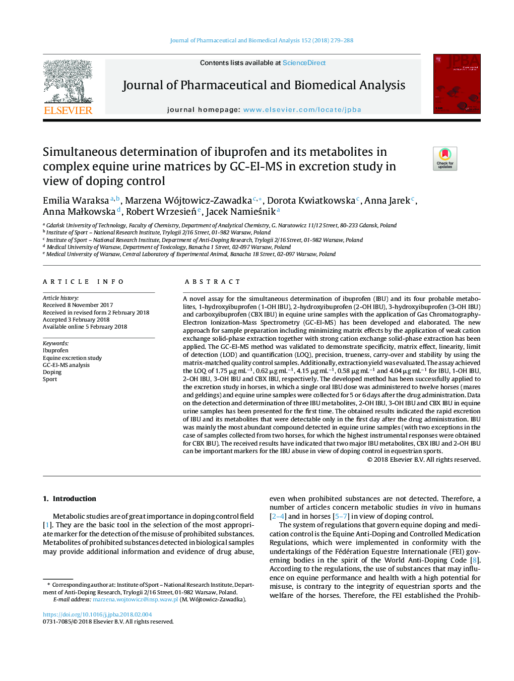 Simultaneous determination of ibuprofen and its metabolites in complex equine urine matrices by GC-EI-MS in excretion study in view of doping control