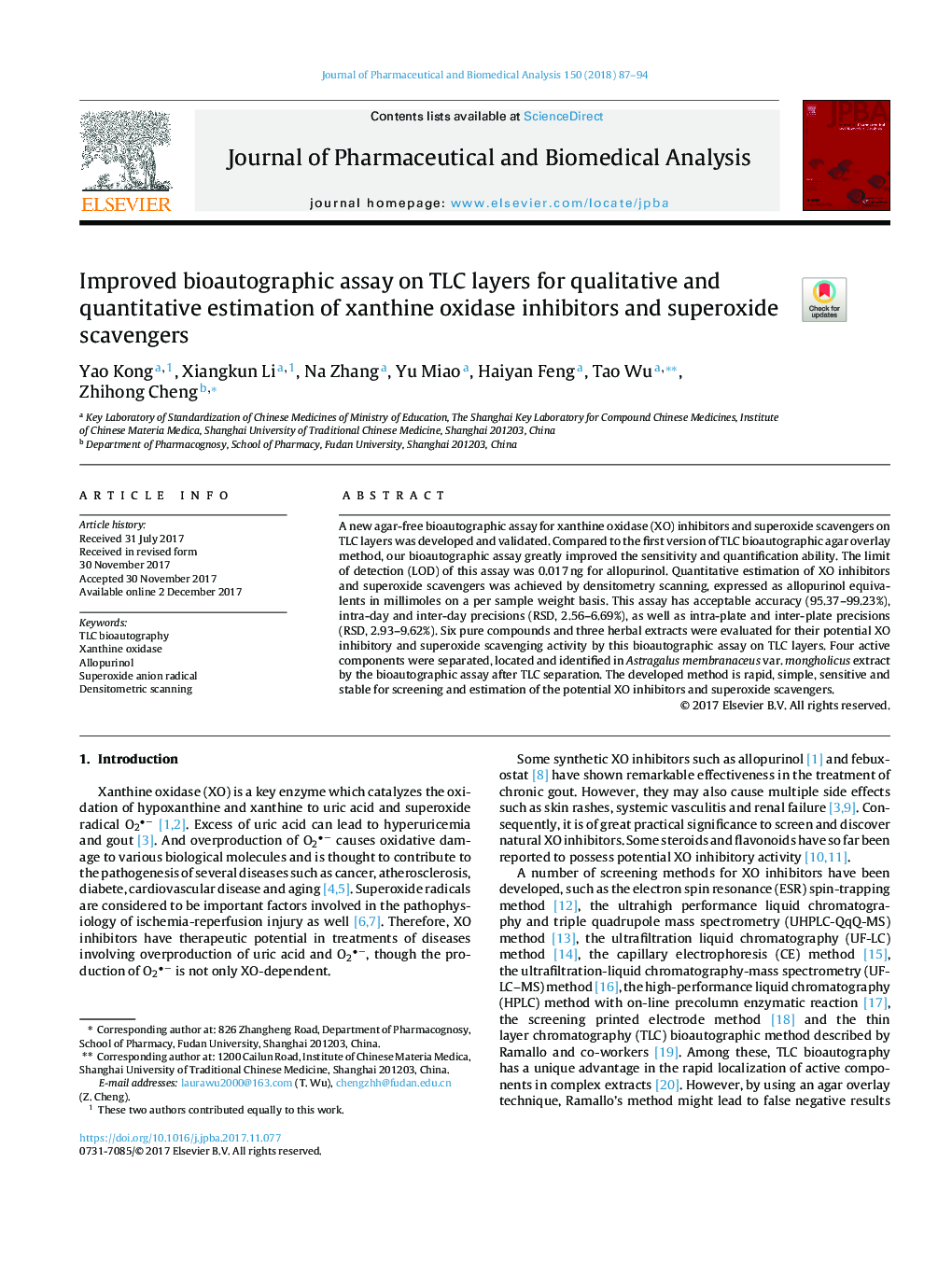 Improved bioautographic assay on TLC layers for qualitative and quantitative estimation of xanthine oxidase inhibitors and superoxide scavengers