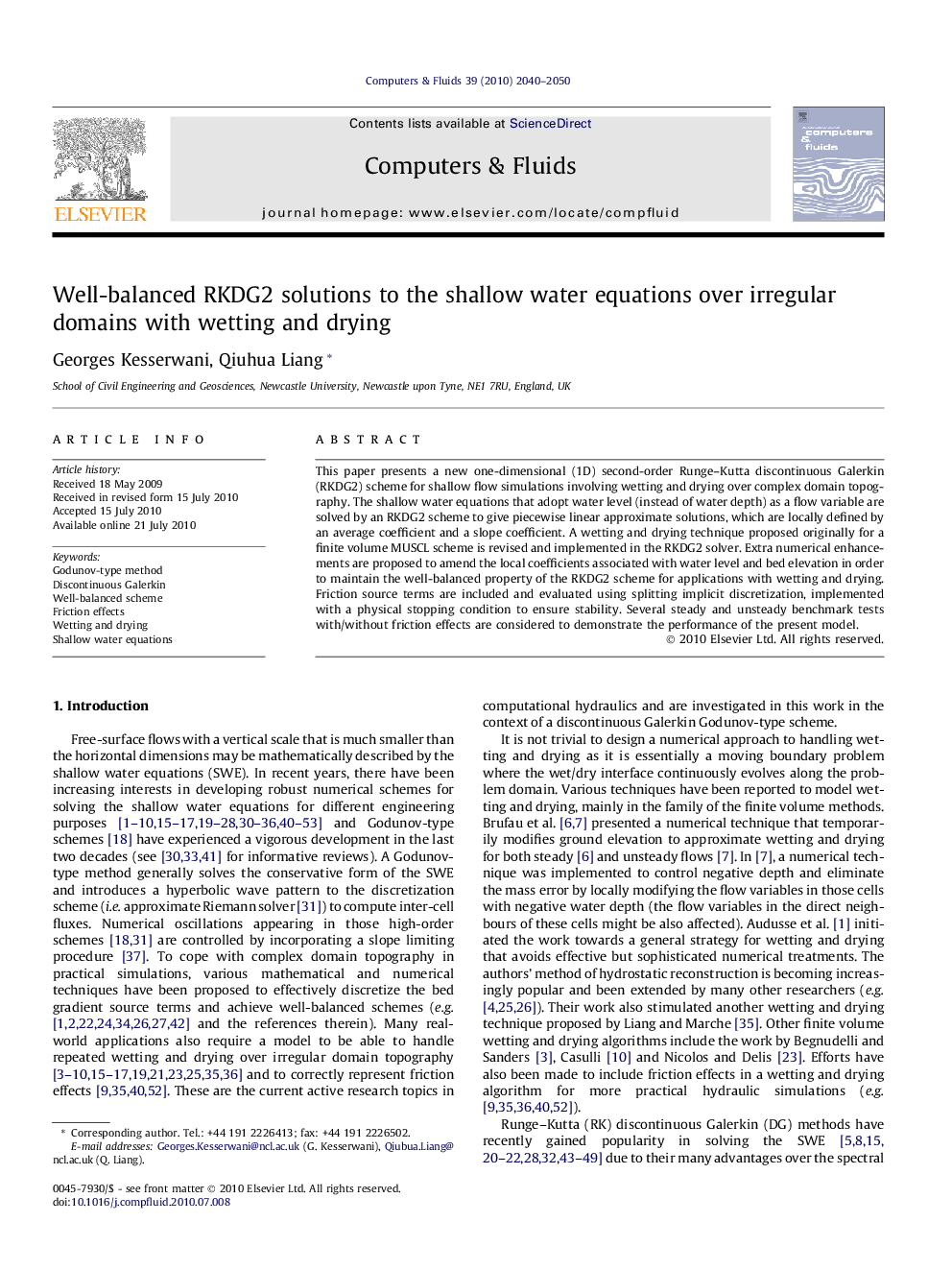 Well-balanced RKDG2 solutions to the shallow water equations over irregular domains with wetting and drying