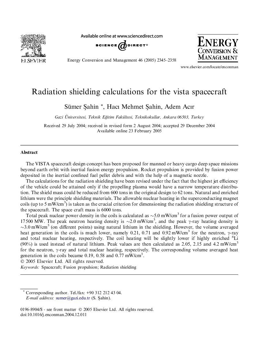 Radiation shielding calculations for the vista spacecraft