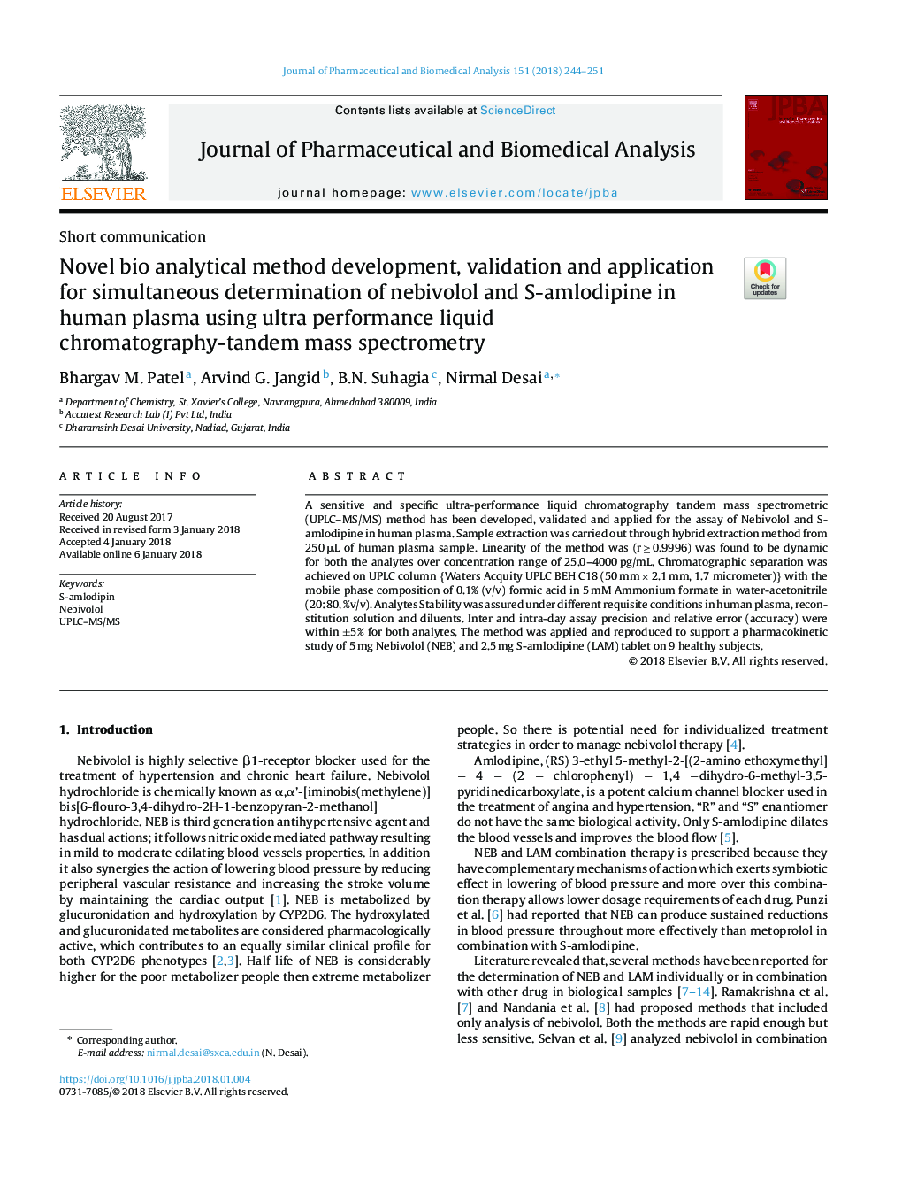 Novel bio analytical method development, validation and application for simultaneous determination of nebivolol and S-amlodipine in human plasma using ultra performance liquid chromatography-tandem mass spectrometry