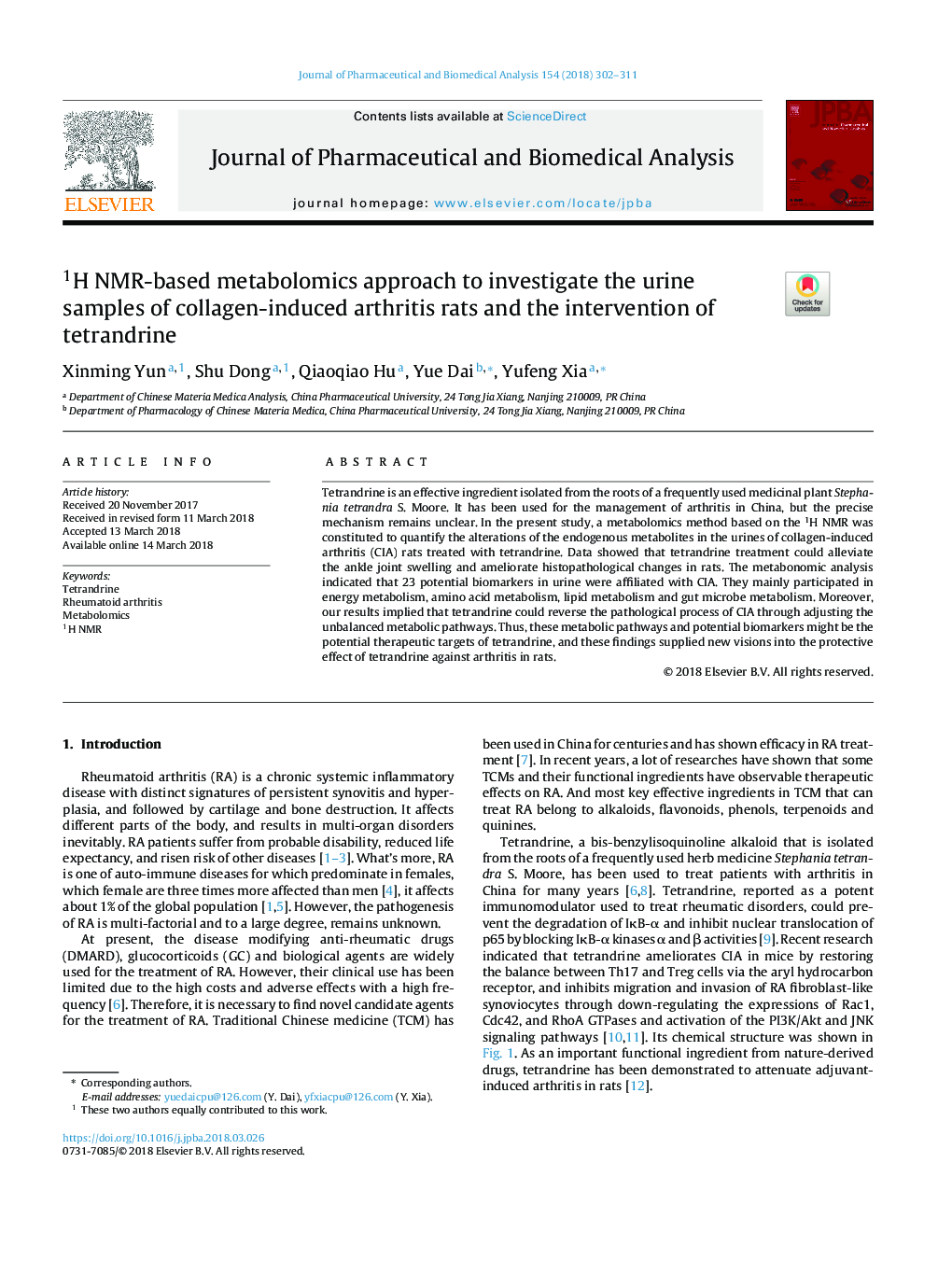 1H NMR-based metabolomics approach to investigate the urine samples of collagen-induced arthritis rats and the intervention of tetrandrine