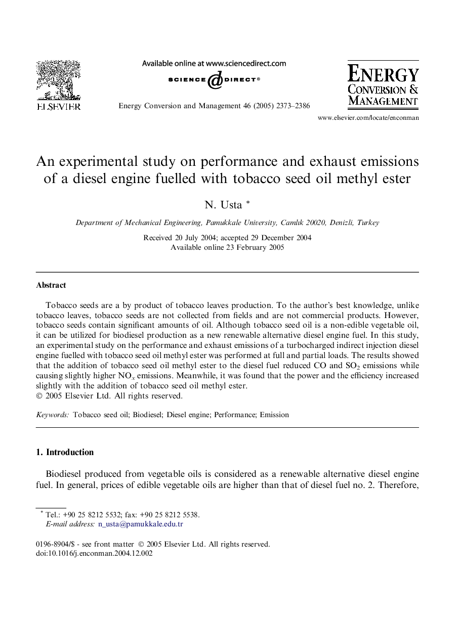 An experimental study on performance and exhaust emissions of a diesel engine fuelled with tobacco seed oil methyl ester