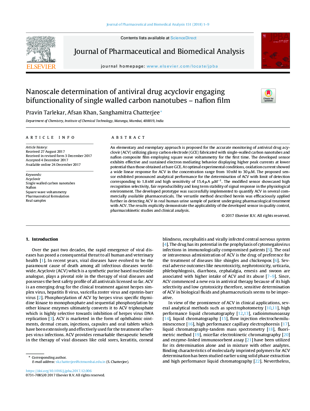 Nanoscale determination of antiviral drug acyclovir engaging bifunctionality of single walled carbon nanotubes - nafion film