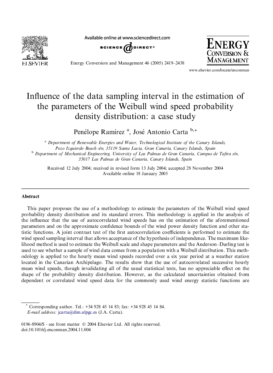 Influence of the data sampling interval in the estimation of the parameters of the Weibull wind speed probability density distribution: a case study