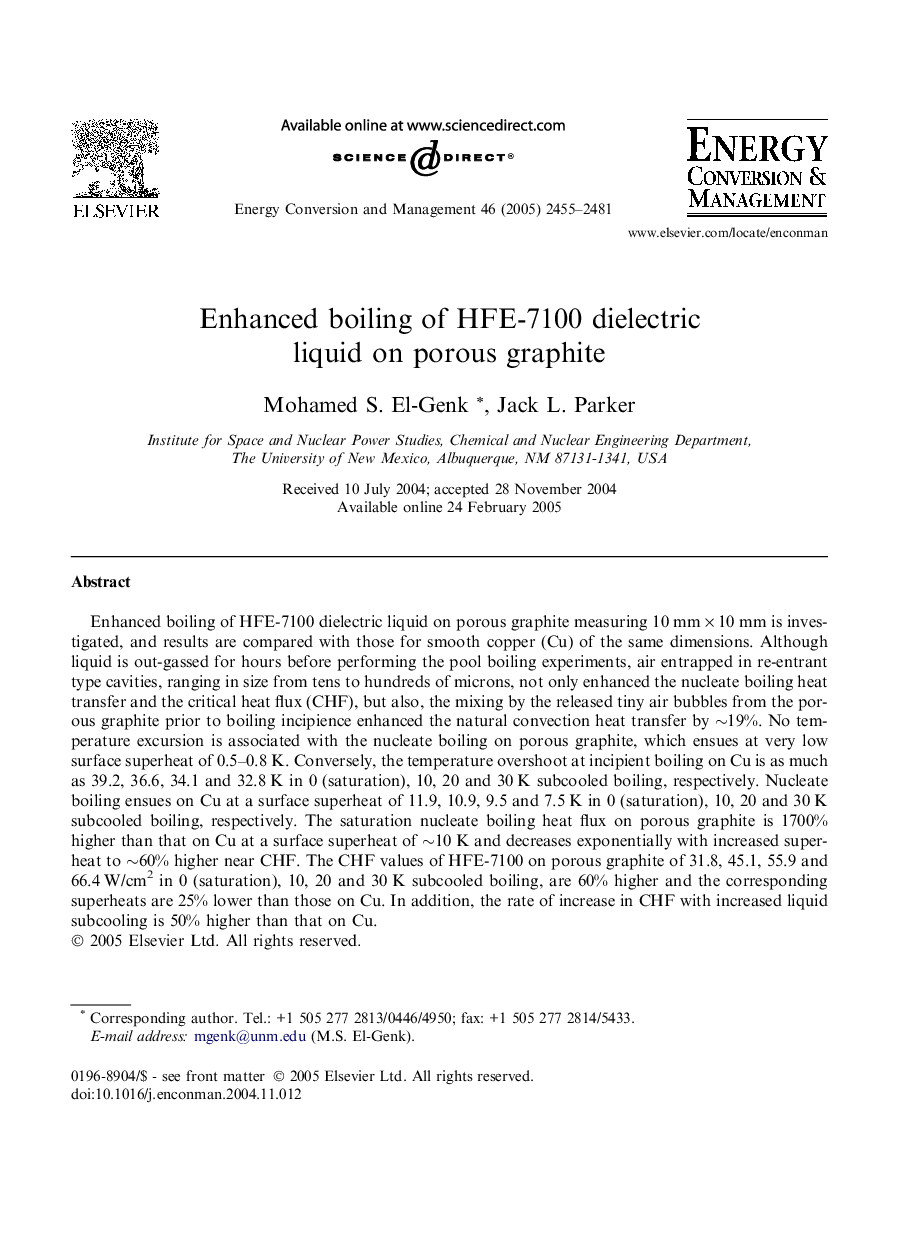 Enhanced boiling of HFE-7100 dielectric liquid on porous graphite