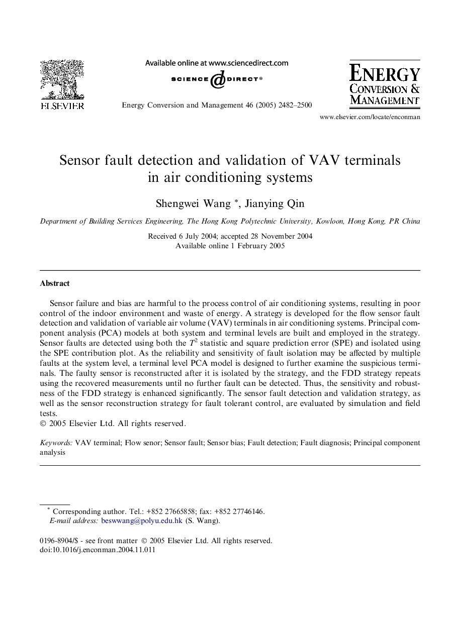 Sensor fault detection and validation of VAV terminals in air conditioning systems