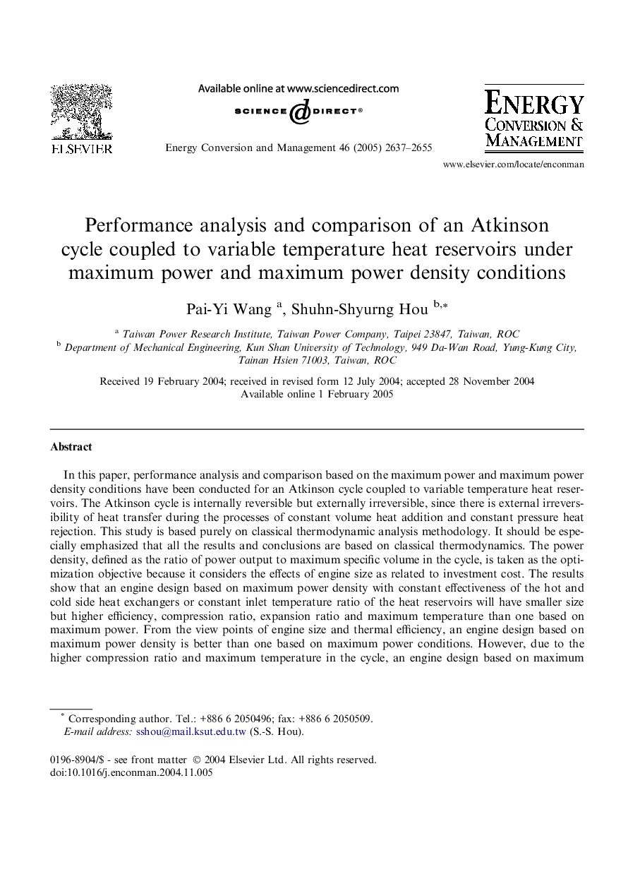 Performance analysis and comparison of an Atkinson cycle coupled to variable temperature heat reservoirs under maximum power and maximum power density conditions