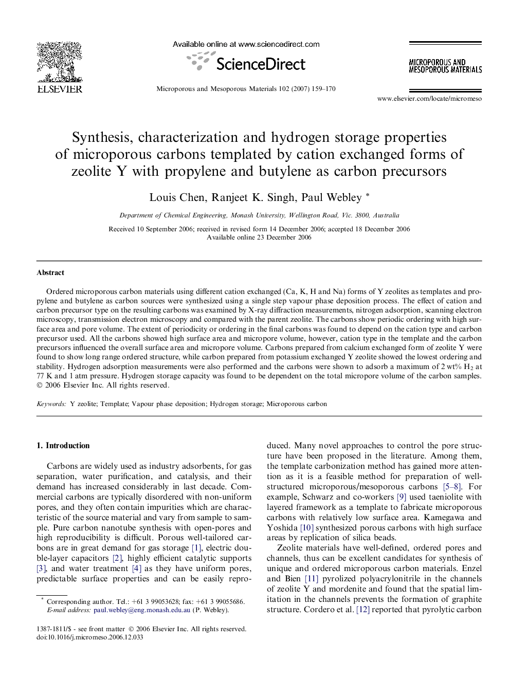 Synthesis, characterization and hydrogen storage properties of microporous carbons templated by cation exchanged forms of zeolite Y with propylene and butylene as carbon precursors