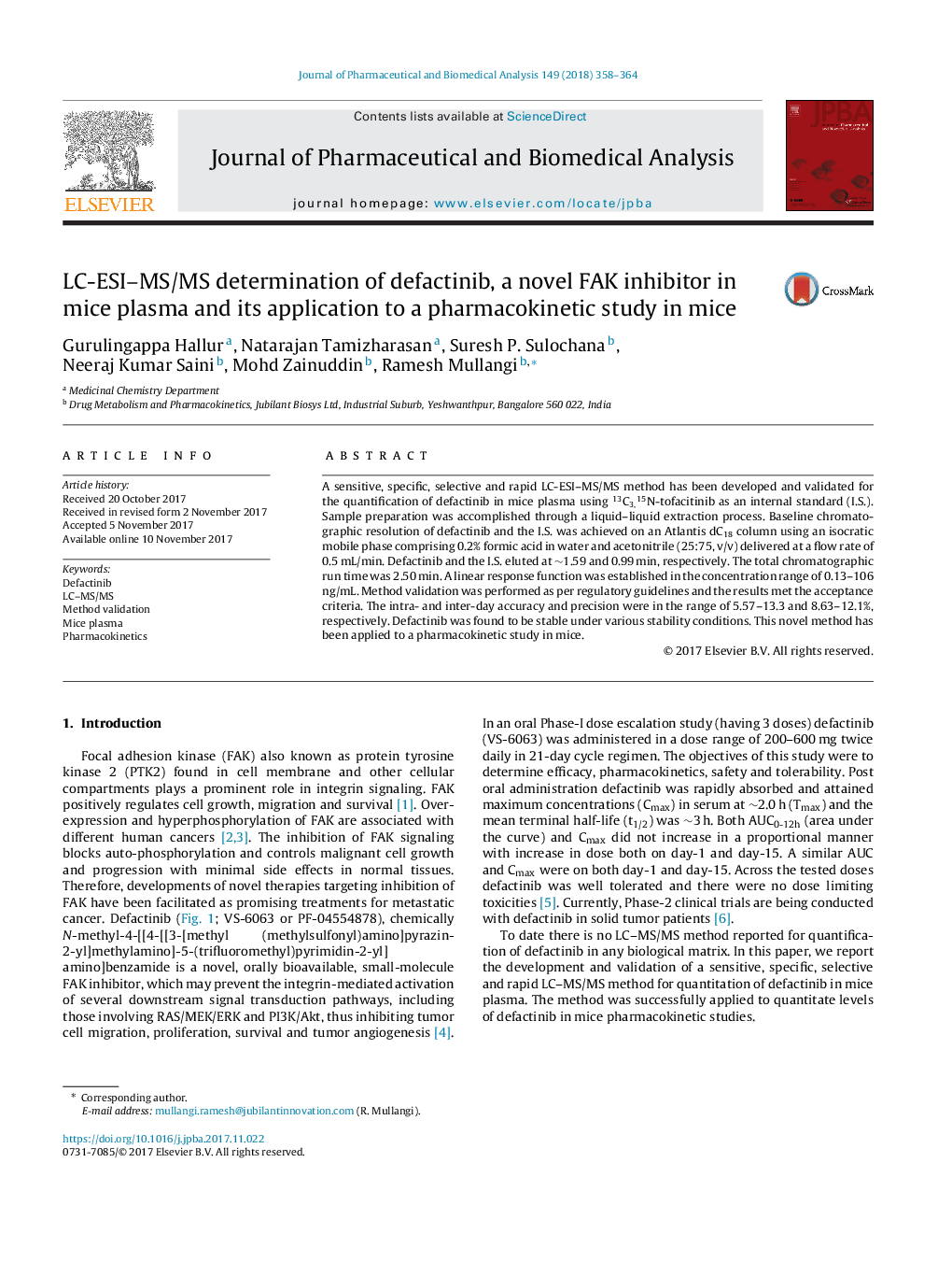 LC-ESI-MS/MS determination of defactinib, a novel FAK inhibitor in mice plasma and its application to a pharmacokinetic study in mice