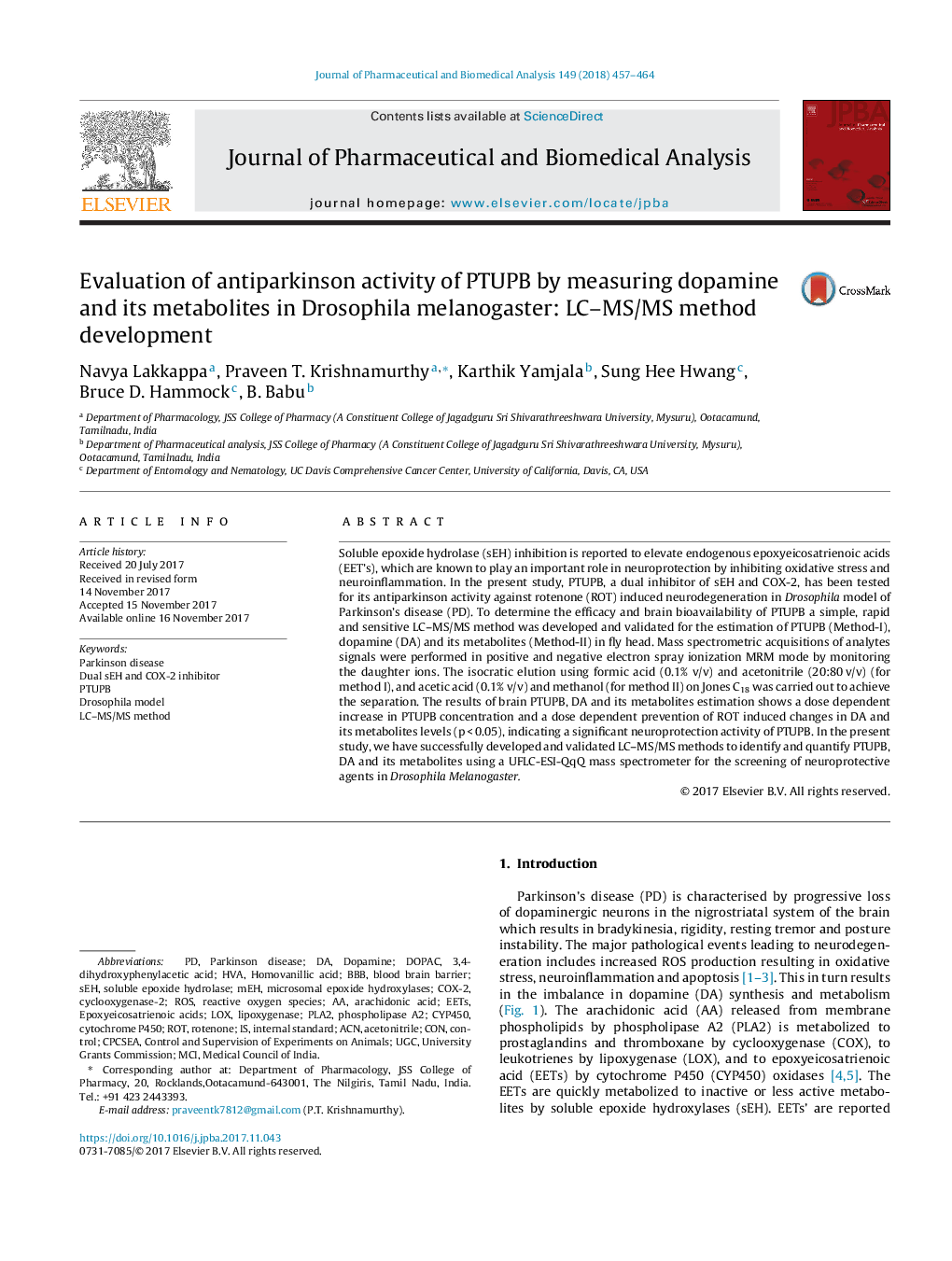 Evaluation of antiparkinson activity of PTUPB by measuring dopamine and its metabolites in Drosophila melanogaster: LC-MS/MS method development