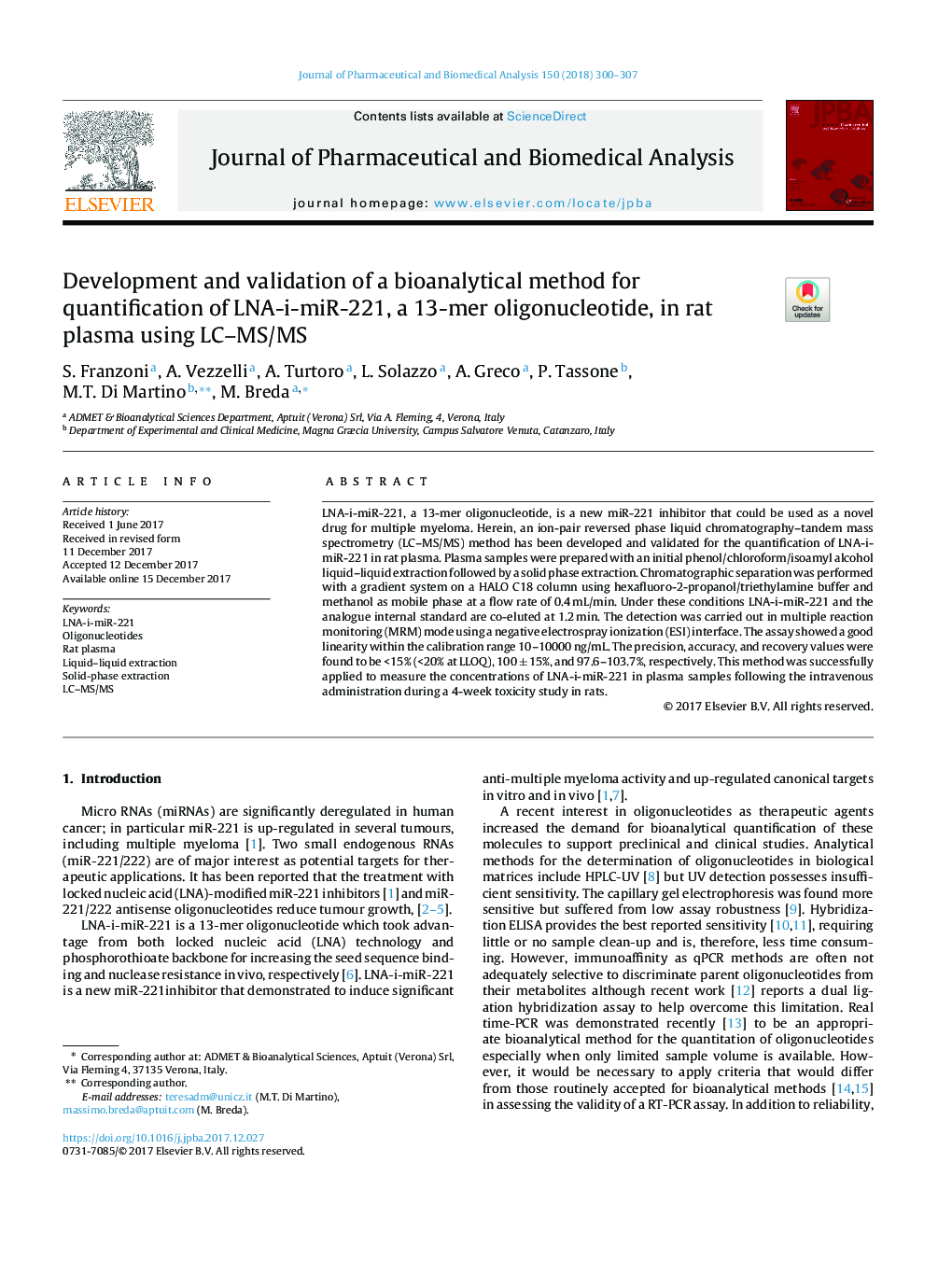 Development and validation of a bioanalytical method for quantification of LNA-i-miR-221, a 13-mer oligonucleotide, in rat plasma using LC-MS/MS