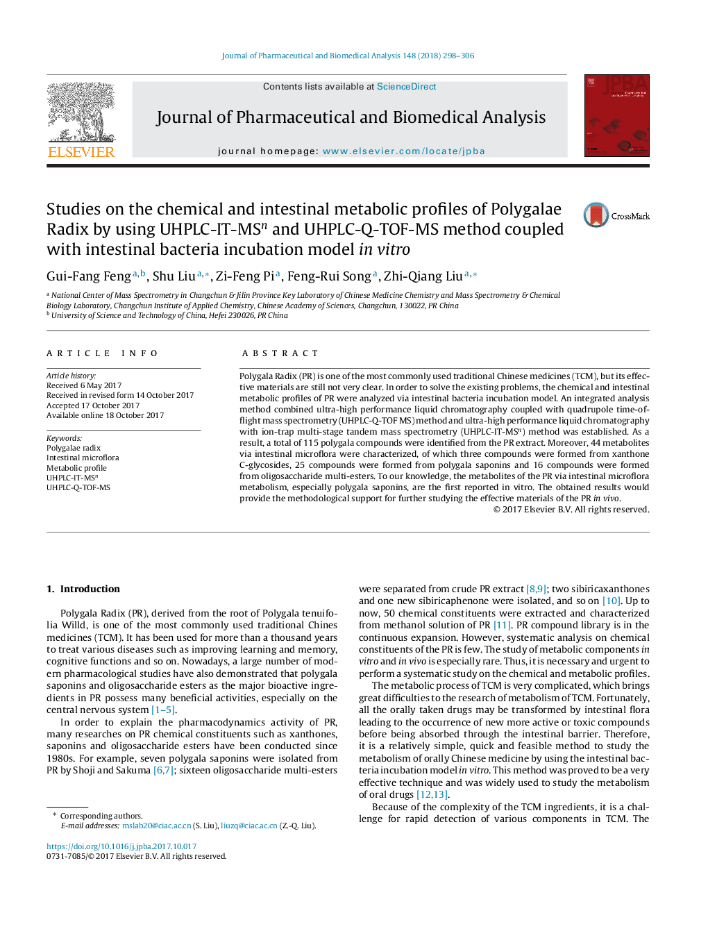 Studies on the chemical and intestinal metabolic profiles of Polygalae Radix by using UHPLC-IT-MSn and UHPLC-Q-TOF-MS method coupled with intestinal bacteria incubation model in vitro