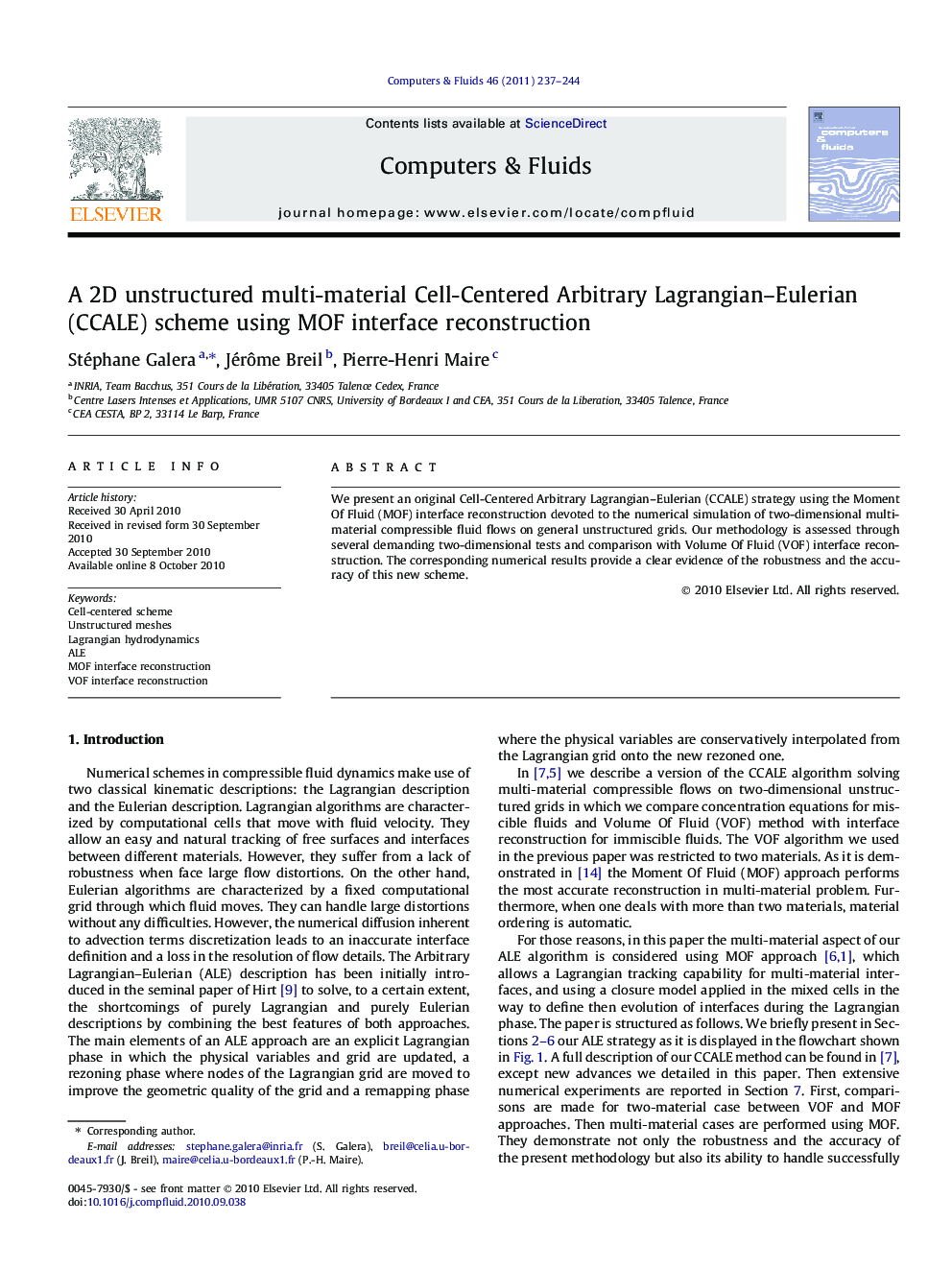 A 2D unstructured multi-material Cell-Centered Arbitrary Lagrangian–Eulerian (CCALE) scheme using MOF interface reconstruction