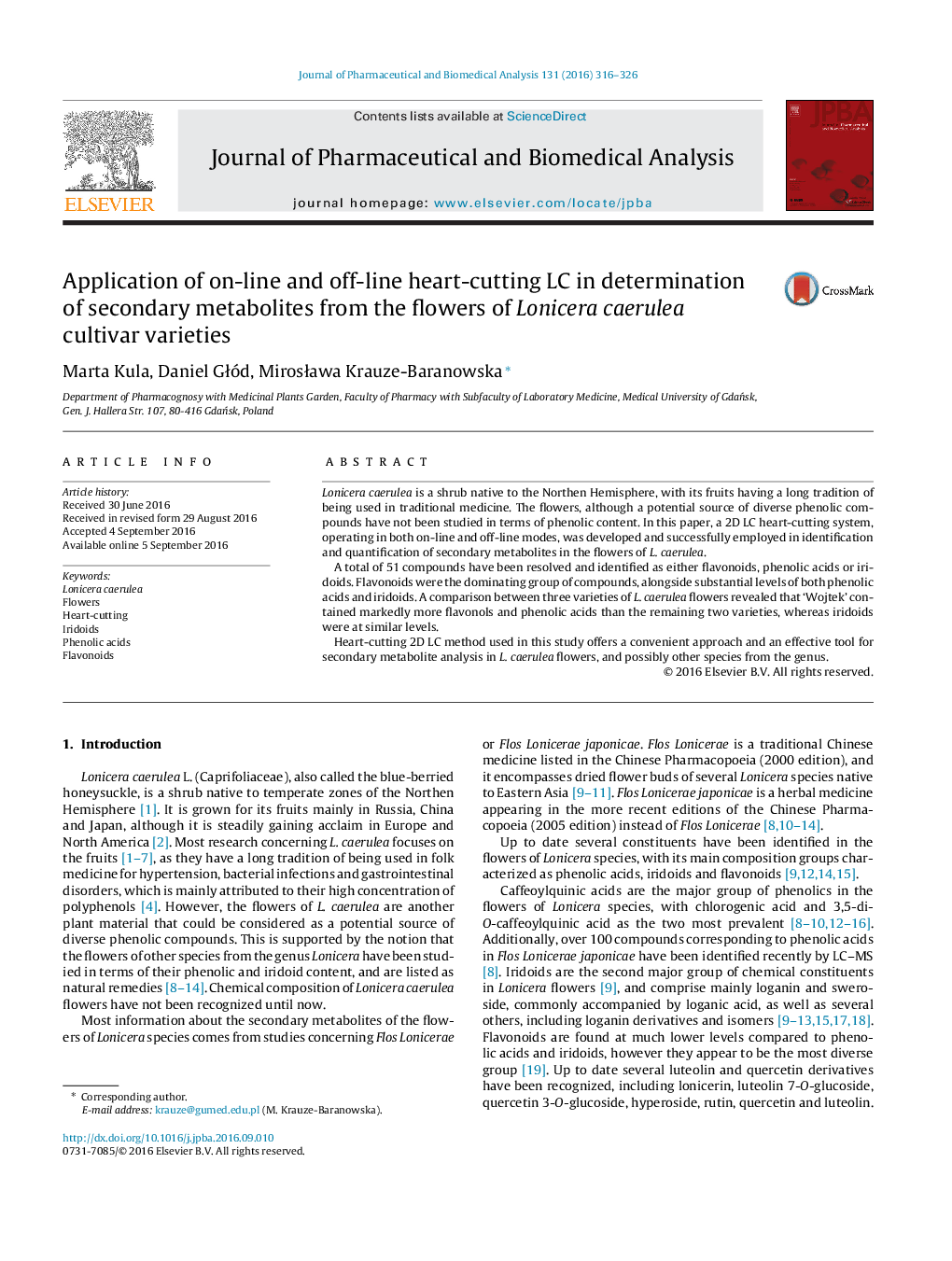 Application of on-line and off-line heart-cutting LC in determination of secondary metabolites from the flowers of Lonicera caerulea cultivar varieties