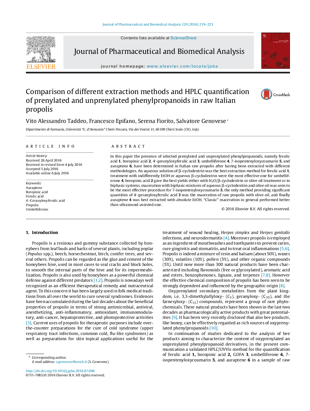 Comparison of different extraction methods and HPLC quantification of prenylated and unprenylated phenylpropanoids in raw Italian propolis