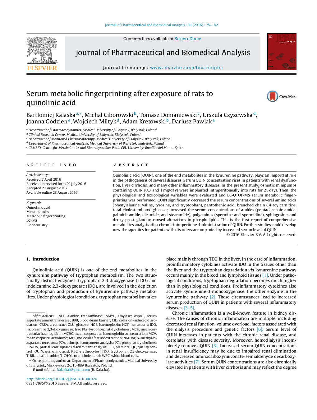 Serum metabolic fingerprinting after exposure of rats to quinolinic acid