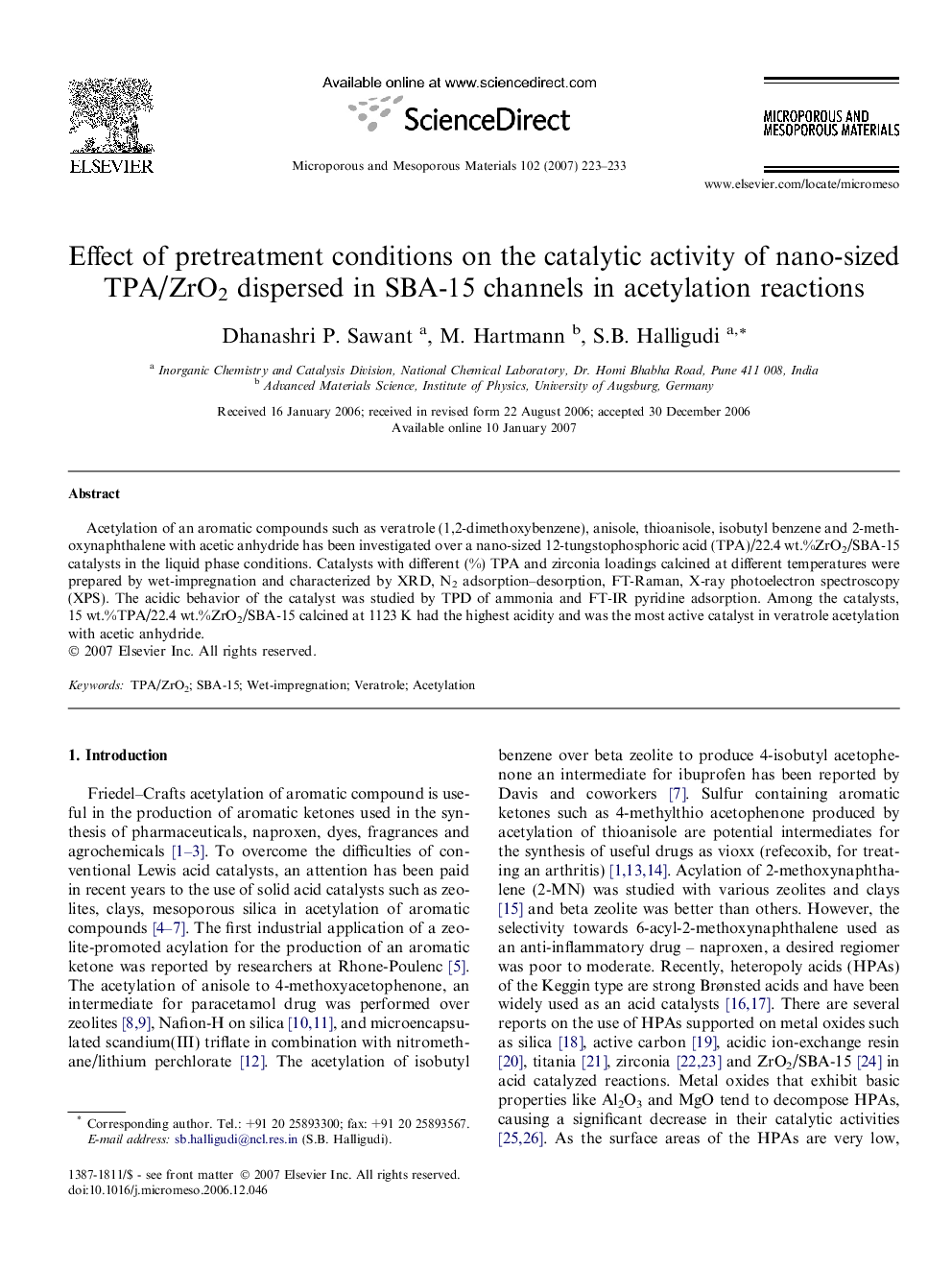 Effect of pretreatment conditions on the catalytic activity of nano-sized TPA/ZrO2 dispersed in SBA-15 channels in acetylation reactions