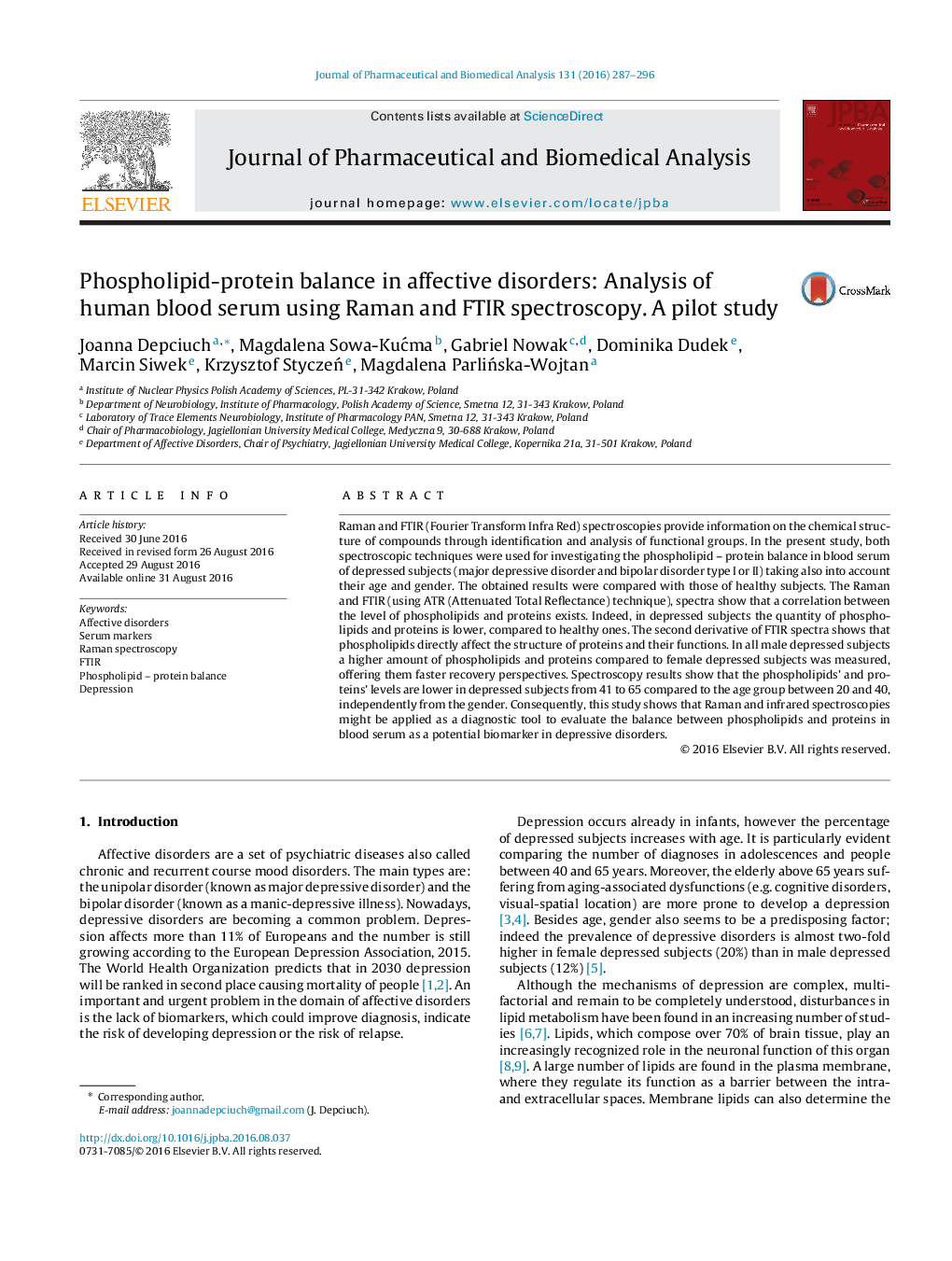 Phospholipid-protein balance in affective disorders: Analysis of human blood serum using Raman and FTIR spectroscopy. A pilot study