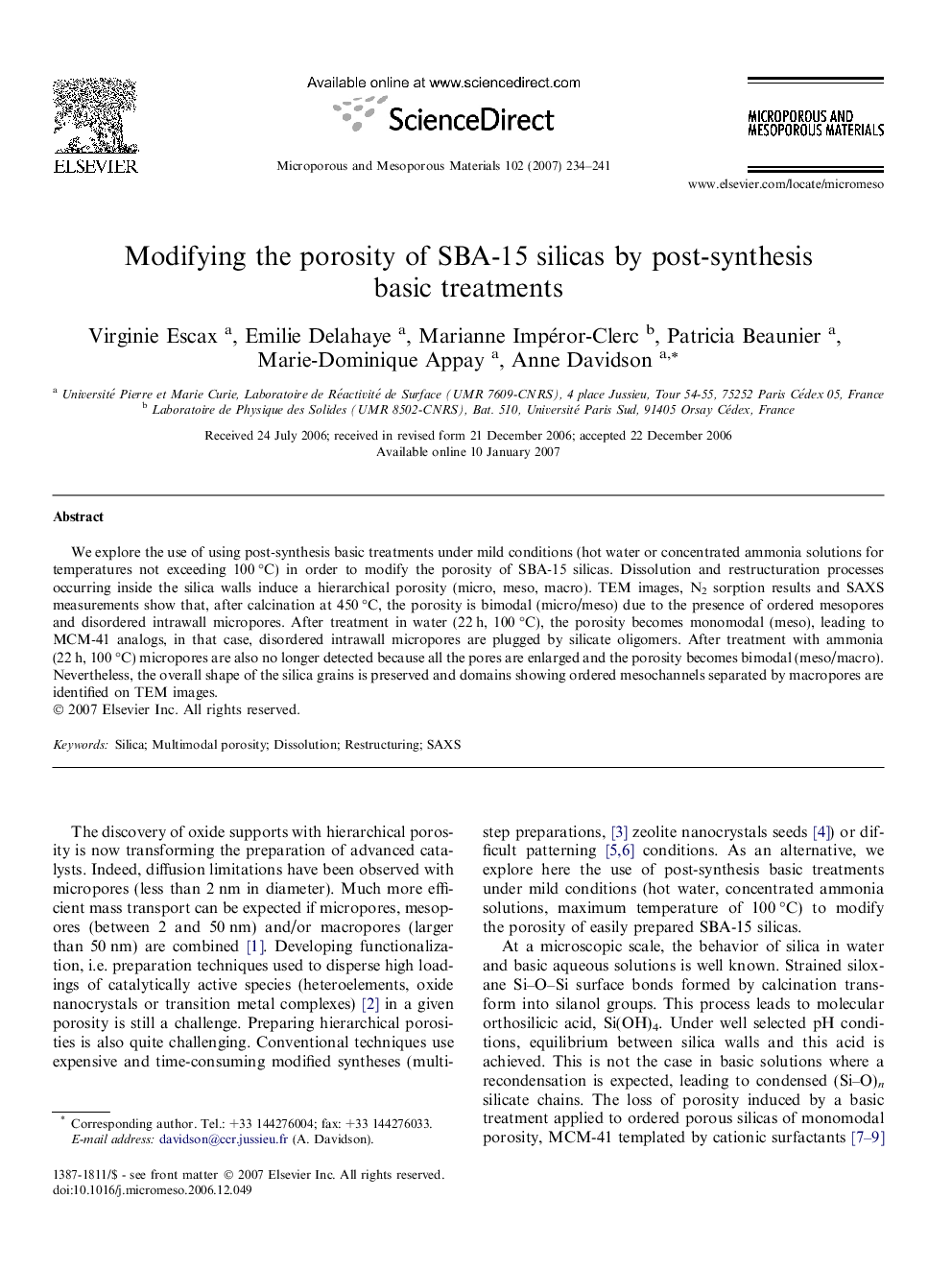 Modifying the porosity of SBA-15 silicas by post-synthesis basic treatments