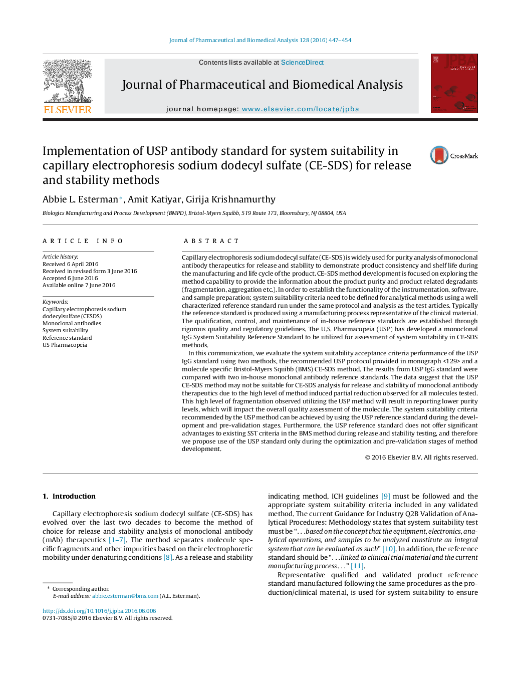 Implementation of USP antibody standard for system suitability in capillary electrophoresis sodium dodecyl sulfate (CE-SDS) for release and stability methods