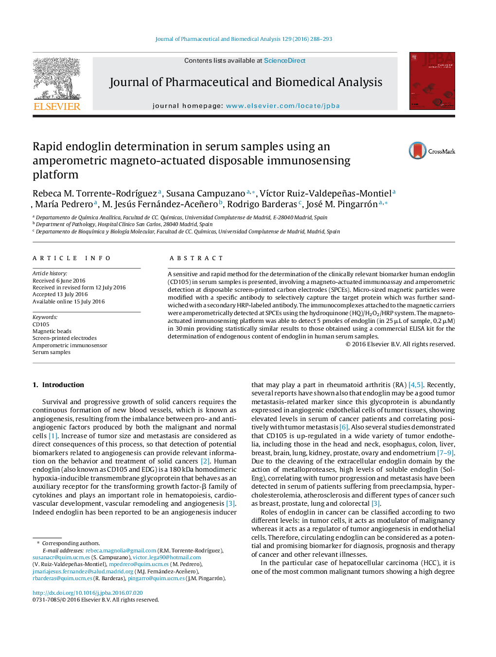 Rapid endoglin determination in serum samples using an amperometric magneto-actuated disposable immunosensing platform