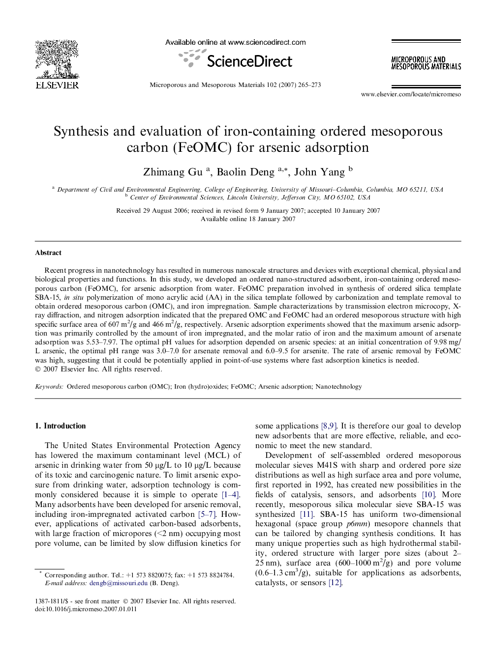 Synthesis and evaluation of iron-containing ordered mesoporous carbon (FeOMC) for arsenic adsorption