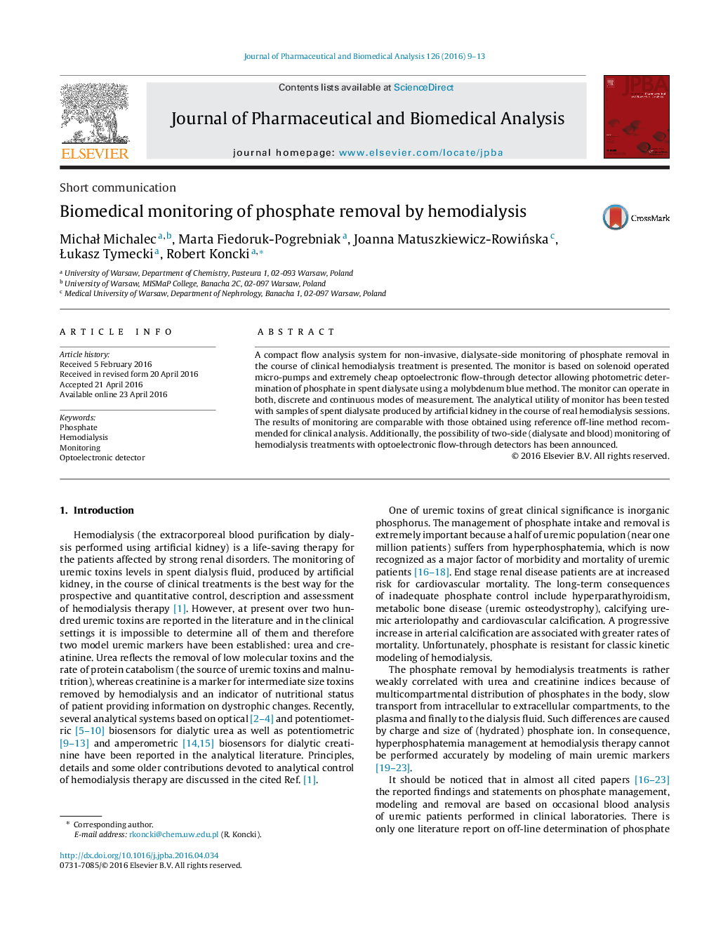 Biomedical monitoring of phosphate removal by hemodialysis