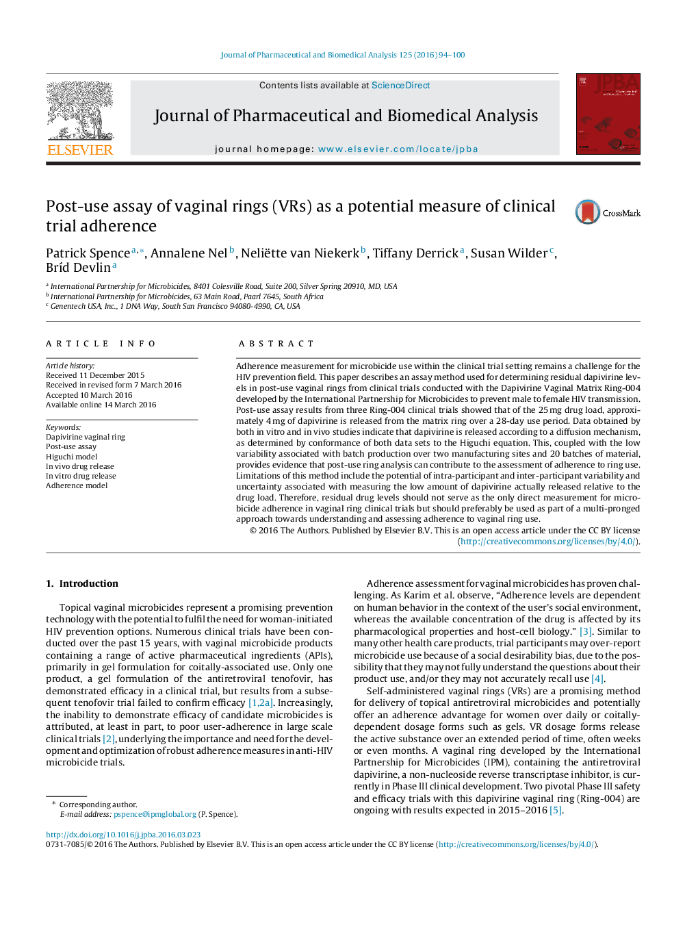 Post-use assay of vaginal rings (VRs) as a potential measure of clinical trial adherence