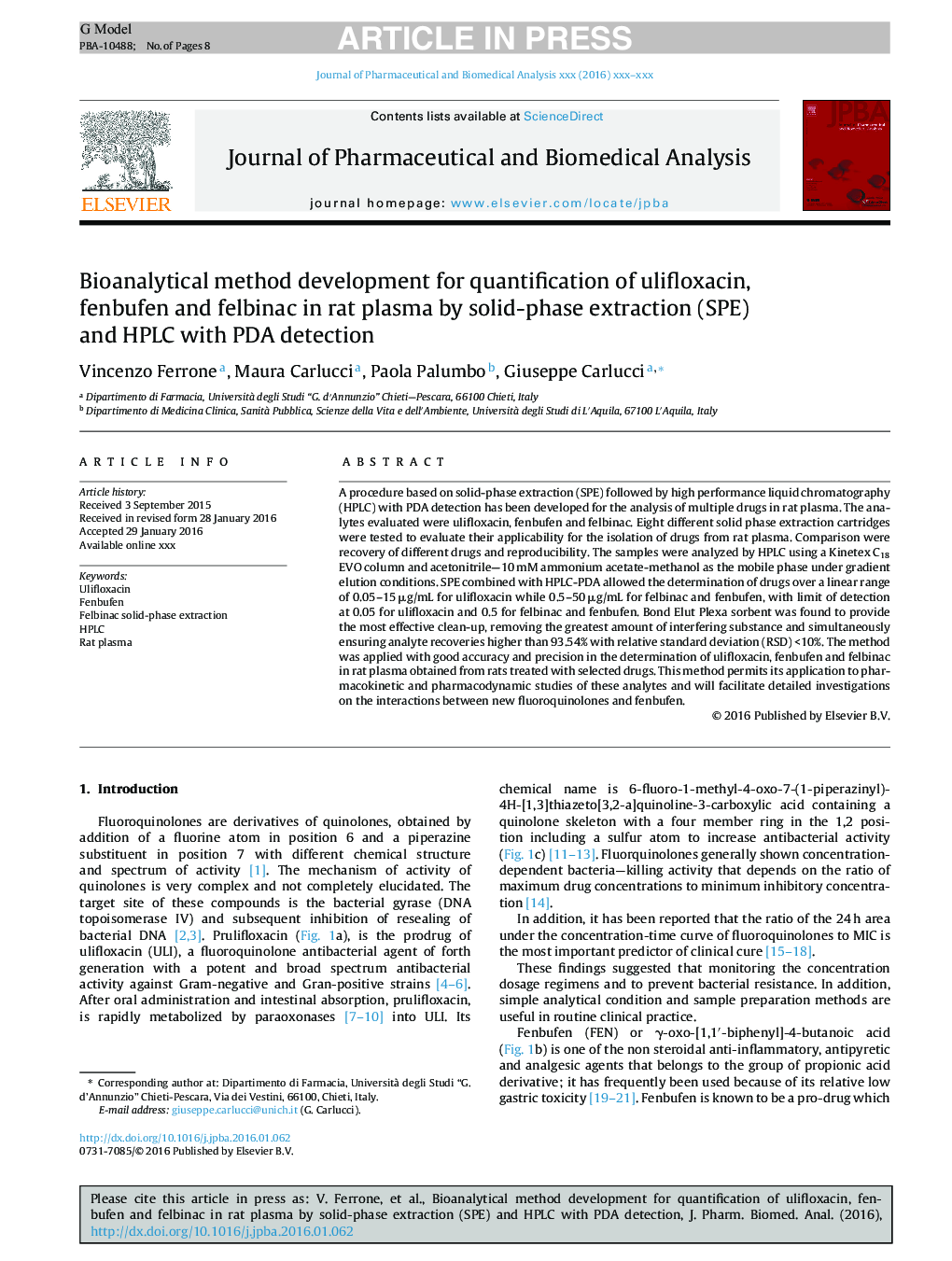 Bioanalytical method development for quantification of ulifloxacin, fenbufen and felbinac in rat plasma by solid-phase extraction (SPE) and HPLC with PDA detection