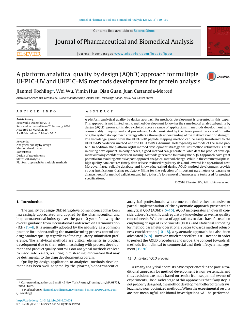 A platform analytical quality by design (AQbD) approach for multiple UHPLC-UV and UHPLC-MS methods development for protein analysis