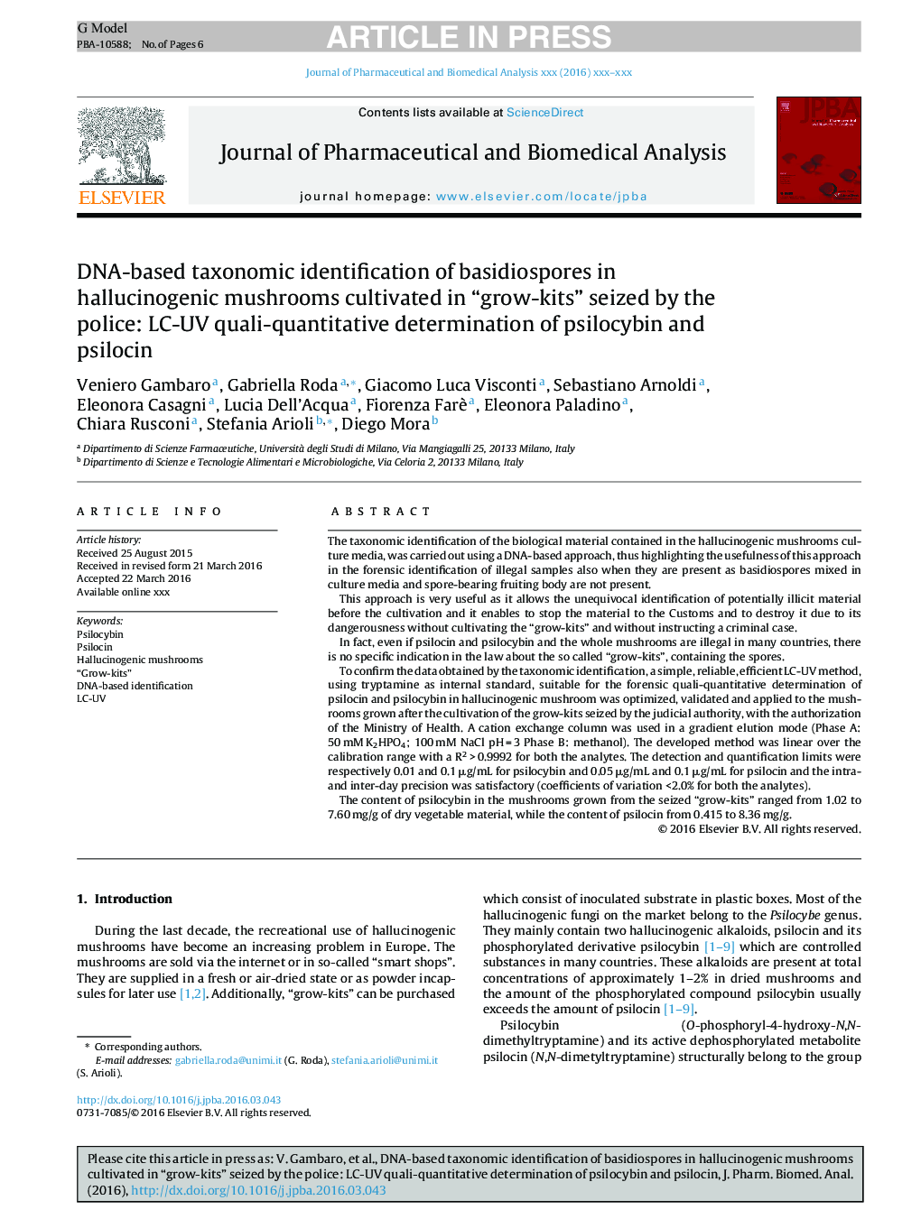 DNA-based taxonomic identification of basidiospores in hallucinogenic mushrooms cultivated in “grow-kits” seized by the police: LC-UV quali-quantitative determination of psilocybin and psilocin