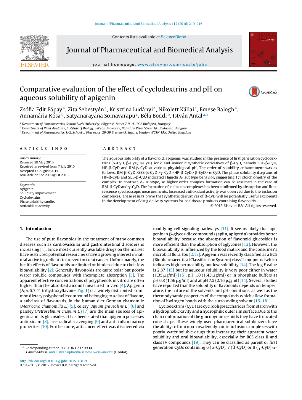 Comparative evaluation of the effect of cyclodextrins and pH on aqueous solubility of apigenin