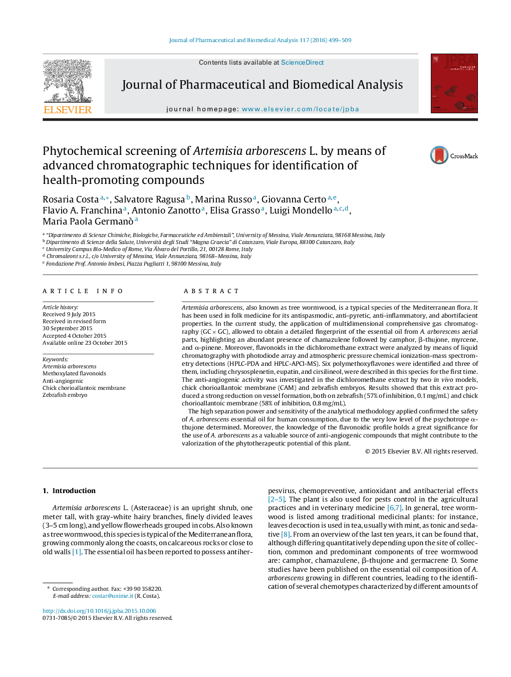 Phytochemical screening of Artemisia arborescens L. by means of advanced chromatographic techniques for identification of health-promoting compounds