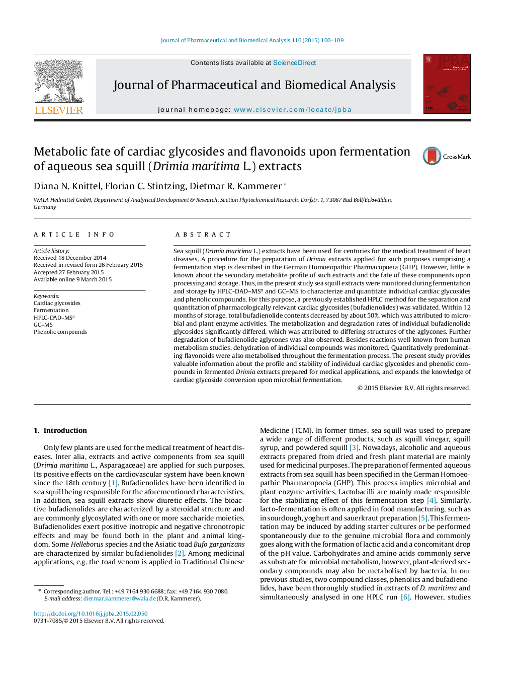 Metabolic fate of cardiac glycosides and flavonoids upon fermentation of aqueous sea squill (Drimia maritima L.) extracts