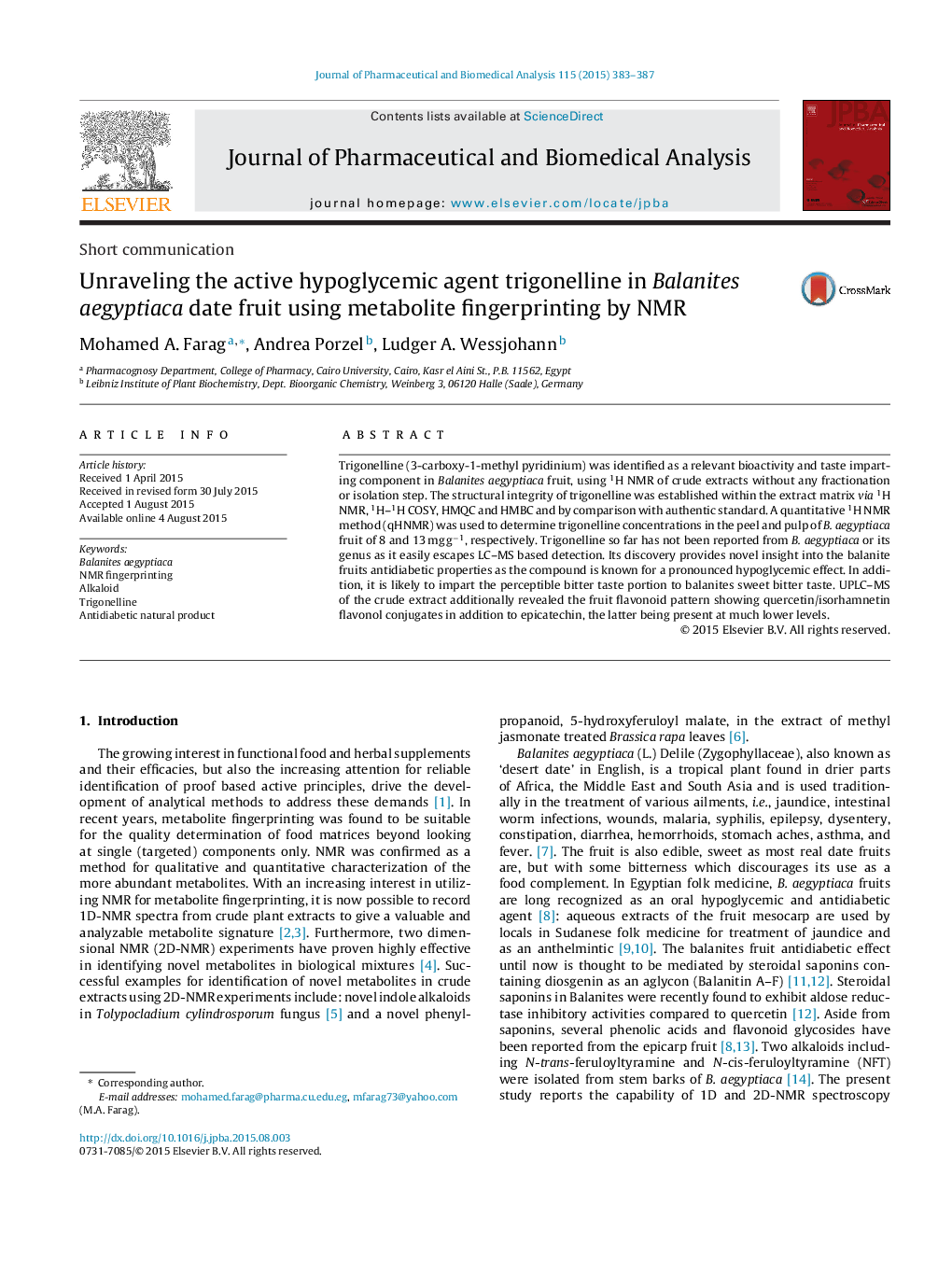 Unraveling the active hypoglycemic agent trigonelline in Balanites aegyptiaca date fruit using metabolite fingerprinting by NMR