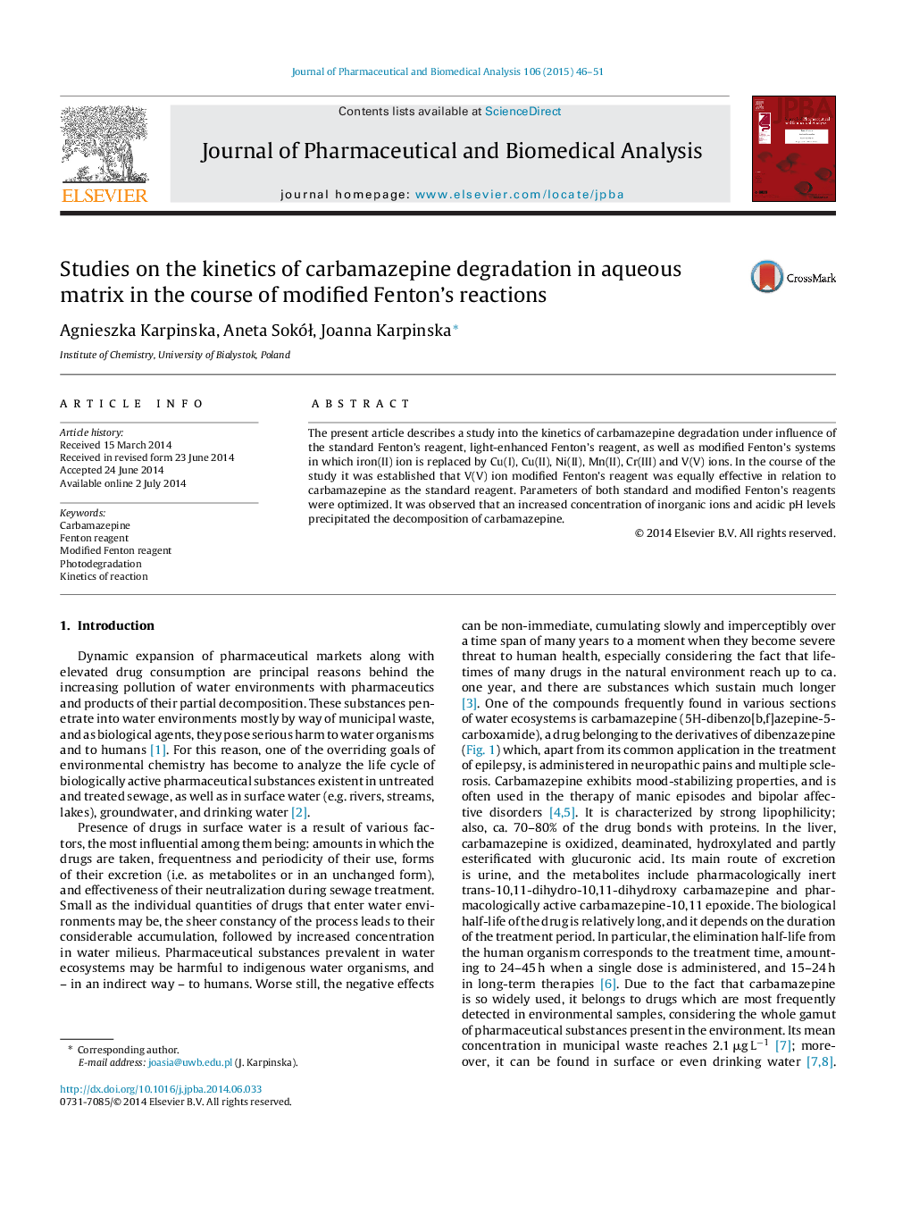 Studies on the kinetics of carbamazepine degradation in aqueous matrix in the course of modified Fenton's reactions