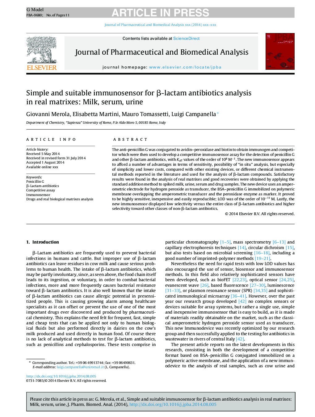 Simple and suitable immunosensor for Î²-lactam antibiotics analysis in real matrixes: Milk, serum, urine