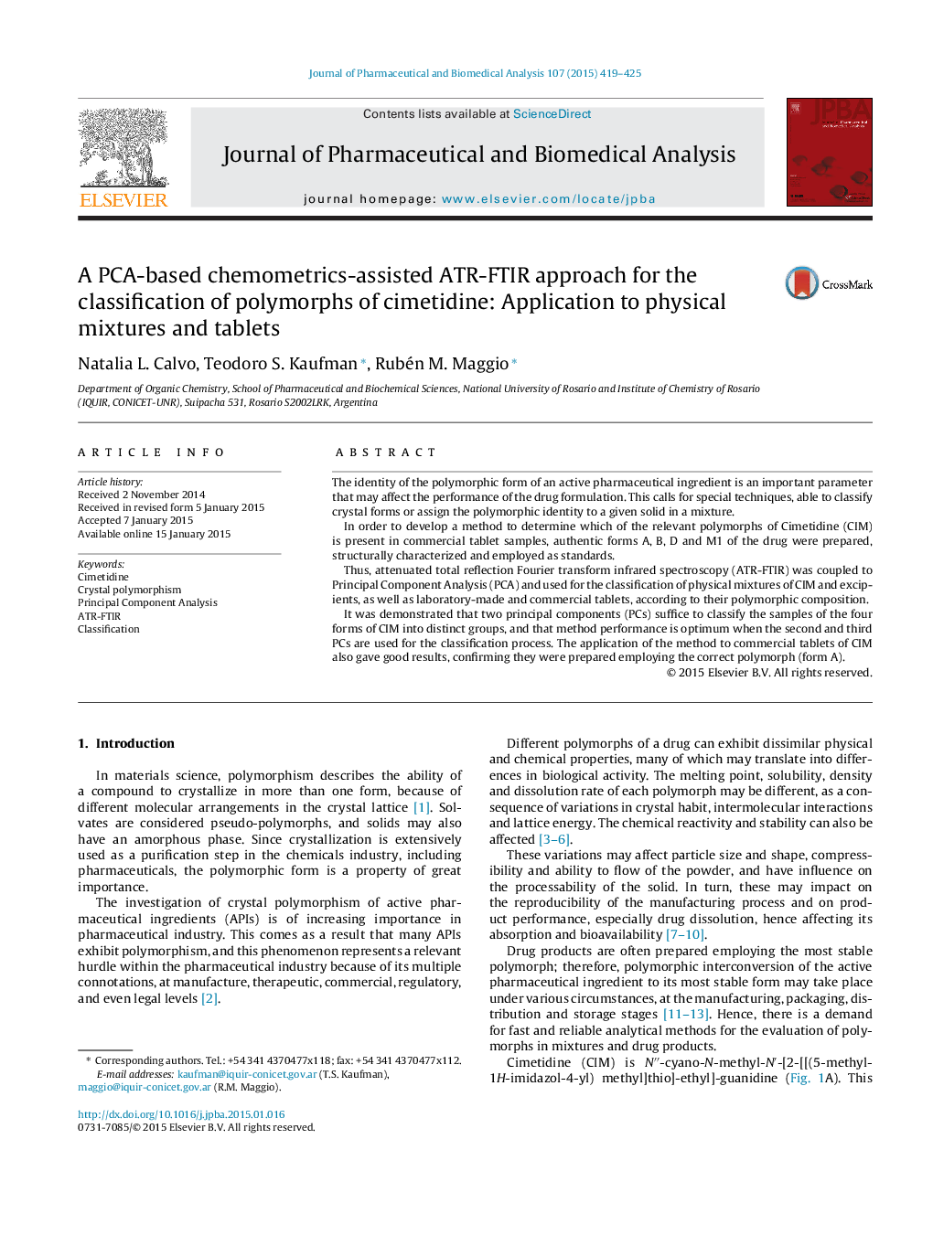 A PCA-based chemometrics-assisted ATR-FTIR approach for the classification of polymorphs of cimetidine: Application to physical mixtures and tablets