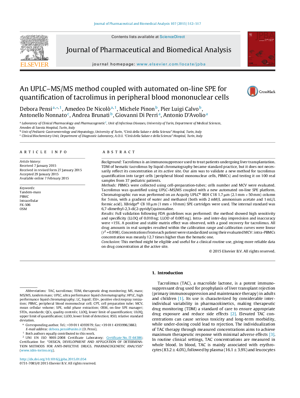 An UPLC-MS/MS method coupled with automated on-line SPE for quantification of tacrolimus in peripheral blood mononuclear cells