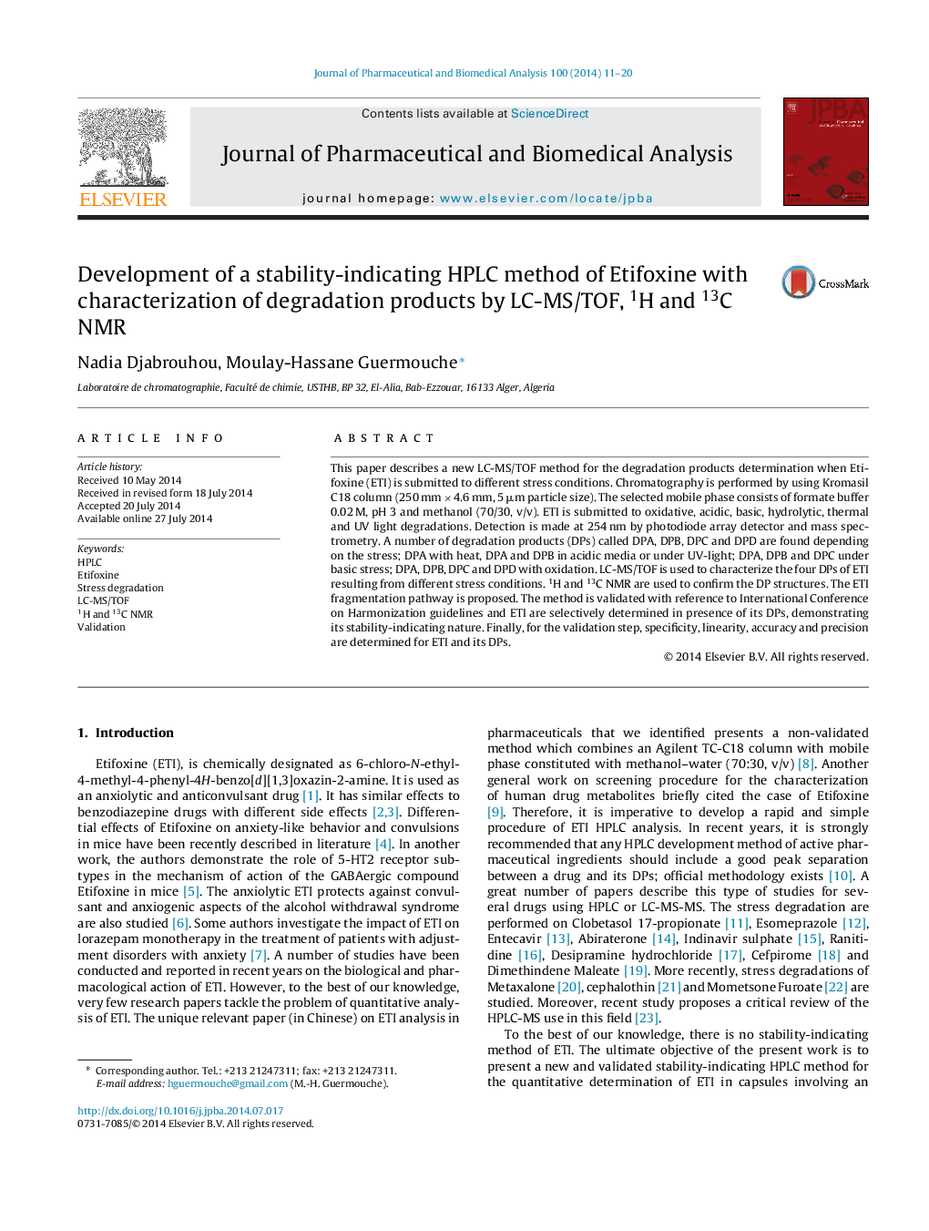 Development of a stability-indicating HPLC method of Etifoxine with characterization of degradation products by LC-MS/TOF, 1H and 13C NMR