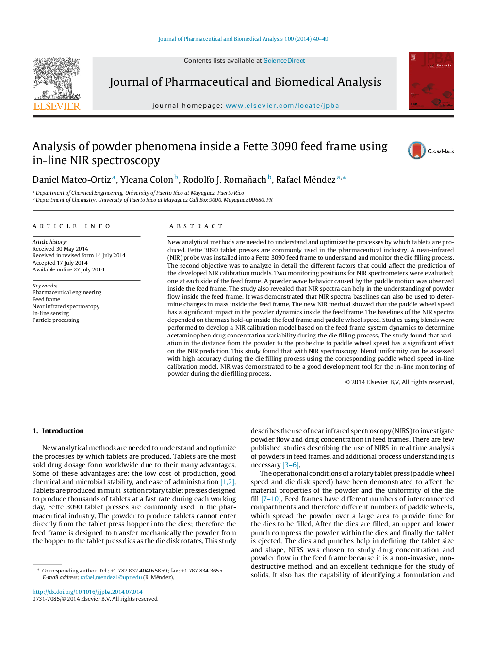 Analysis of powder phenomena inside a Fette 3090 feed frame using in-line NIR spectroscopy